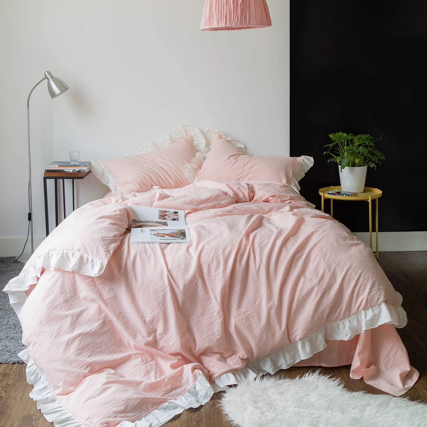 Price:$89.99  3 Pieces Vintage Ruffle Duvet Cover Set 100% Washed Cotton King Size Pink Striped Bedding Set 1 White Lace Duvet Cover with Zipper Ties 2 Pillow Shams Luxury Quality Soft Soft Comfortable : Home & Kitchen