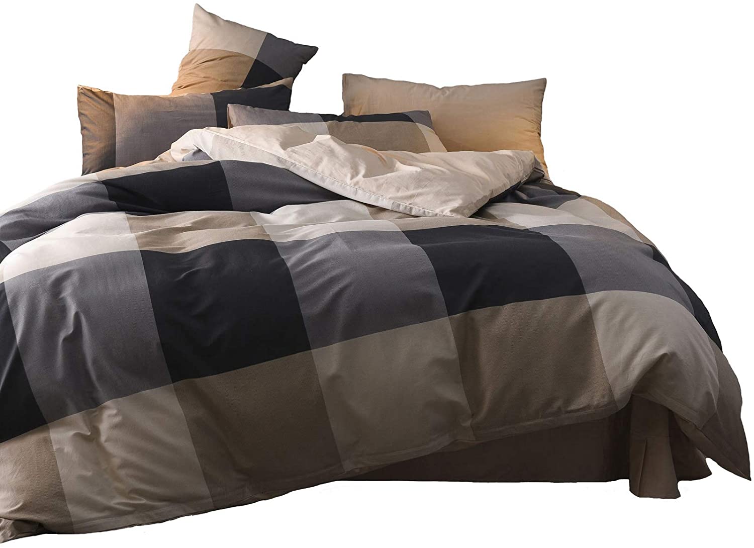Price:$65.99  yre Grey Plaid Duvet Cover Cotton,250 Thread Count King Reversible Beige Striped Bedding Set for Adults,Geometric Grid Pattern Printed,with Zipper Ties,Luxury Soft Comfortable(King,3pcs) : Everything Else