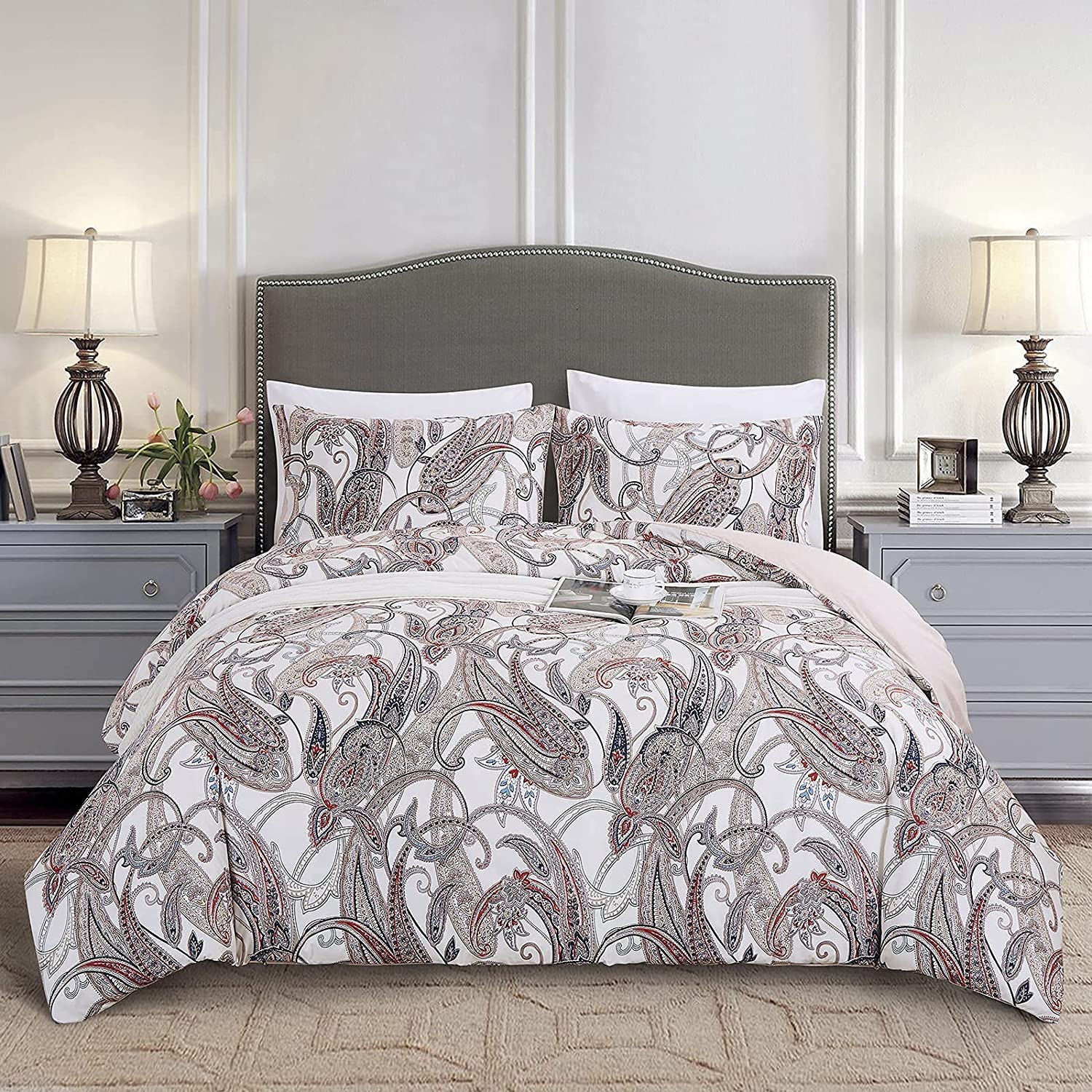 Price:$33.99  HOME Paisley Printed Duvet Cover Queen Size - Queen Reversible Comforter Cover Set, 3 Pieces Vintage Style Bedding Set with Zipper Closure, 1 Duvet Cover 90x90 inches and 2 Pillow Cases : Home & Kitchen