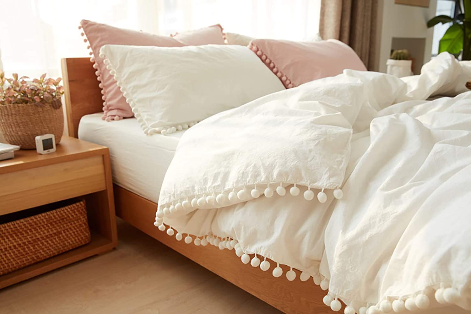 Price:$39.99  Pom Fringe Duvet Cover Set - 3 Piece Natural Ultra SOFE Color Color Washed Cotton Bedding Set, Modern Style Down Comforter Quilt Cover with Zipper Closure(King, White) : Home & Kitchen