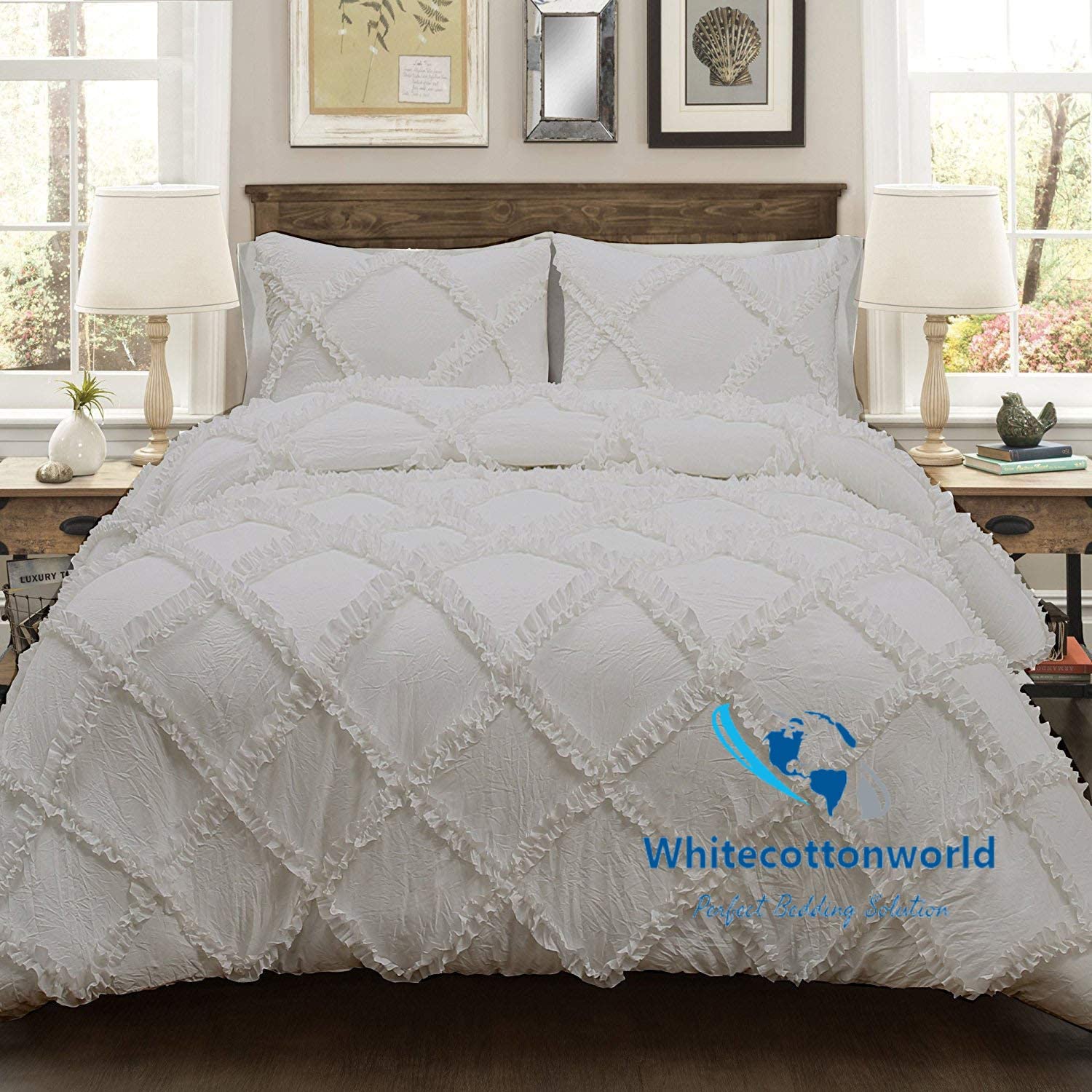 Price:$134.99  800 Thread Count Egyptian Cotton Oversized King 120x98 Size 3-Piece Diamond Ruffle Duvet Cover Set Zipper Closer & Corner Ties (1 Duvet Cover & 2 Pillow Sham), Silver Grey Solid : Home & Kitchen