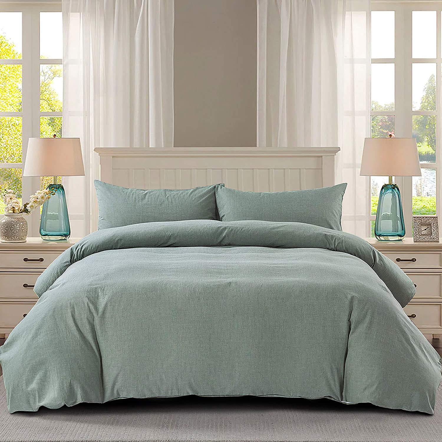 Price:$56.99  Duvet Cover King,Washed Cotton Duvets Cover Sets, Solid Color Comforter Cover Set with Zipper Closure & Corner Ties, Green : Home & Kitchen