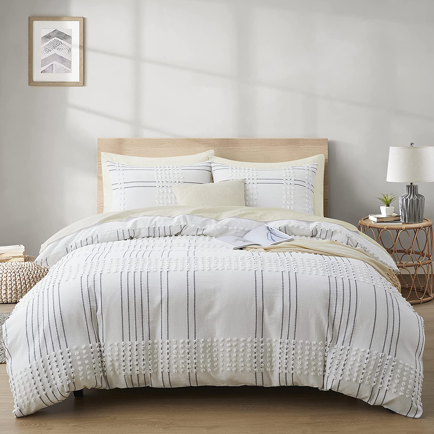 Price:$49.99  100% Natural Cotton Duvet Cover Set, White Duvet Cover Queen Size with Stripe Jacquard Design, 3pcs Comforter Cover with Zipper Closure, Ultra Soft Boho Bedding Set, White : Home & Kitchen