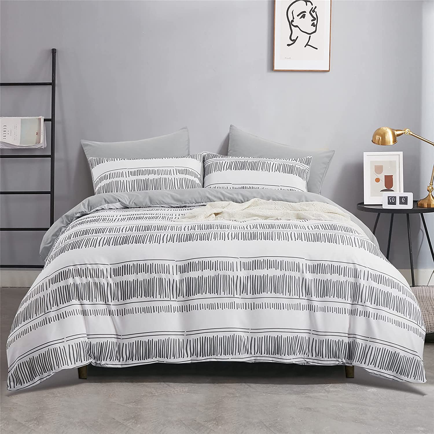 Price:$28.99  Grey Striped Duvet Cover Set Queen, Geometric Pattern Print White Duvet Cover, Soft Microfiber Comforter Cover with Zipper Closure and Corner Ties(Stripe, Queen) : Home & Kitchen