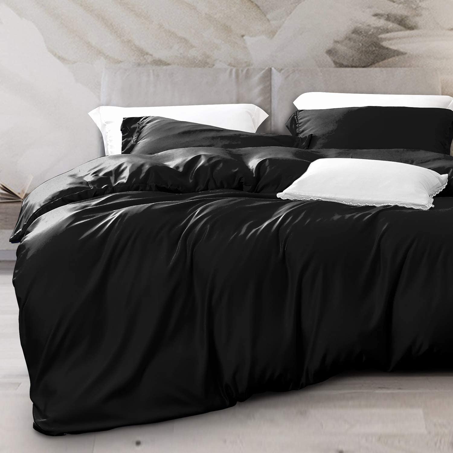 Price:$51.99  3 Pieces Silky Satin Queen Duvet Cover Set, Ultra Luxury and Soft Solid Color with Hidden Zipper Design Comforter Cover, Black : Home & Kitchen