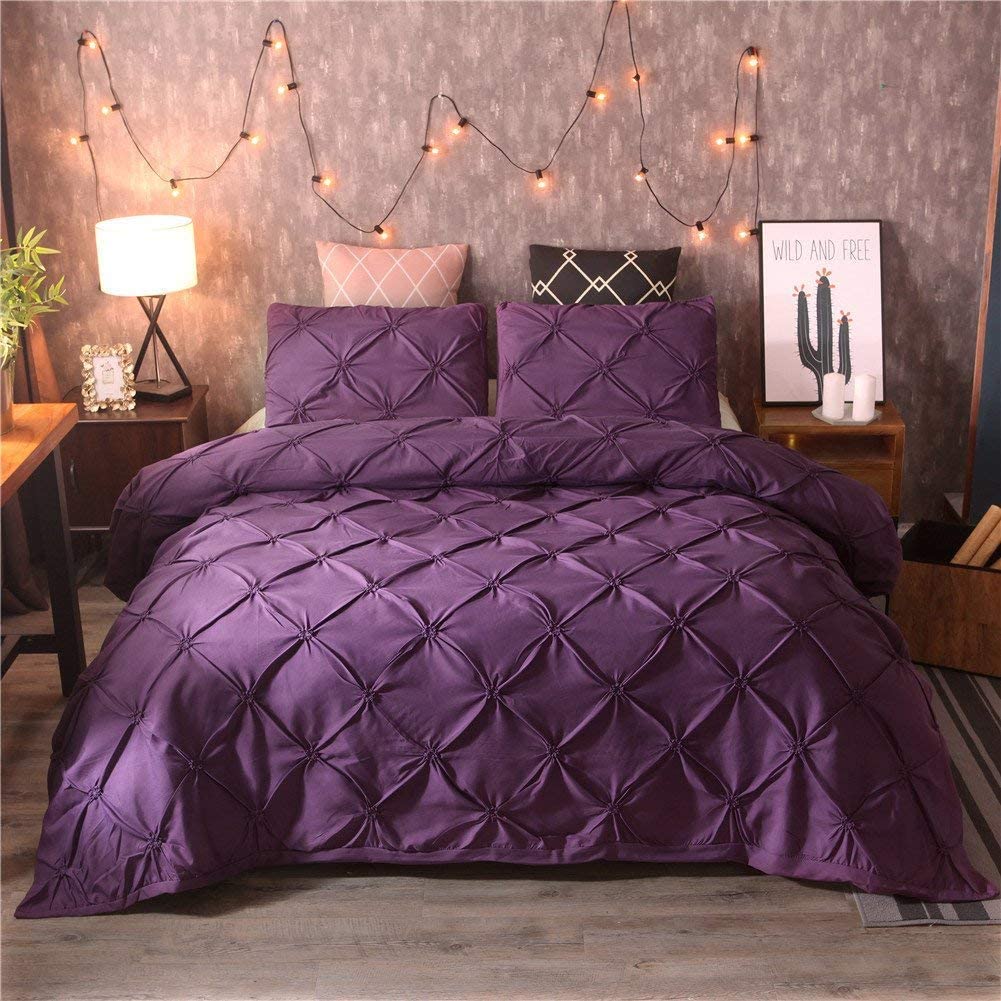 Price:$36.99  Pintuck Duvet Cover Set King Size Purple Pinch Pleat Duvet Cover Tufted Design Bedding Set Zipper Soft Polyester Comforter Cover with 2 Pilllow Shams, Solid Geometric 3 Pieces : Home & Kitchen