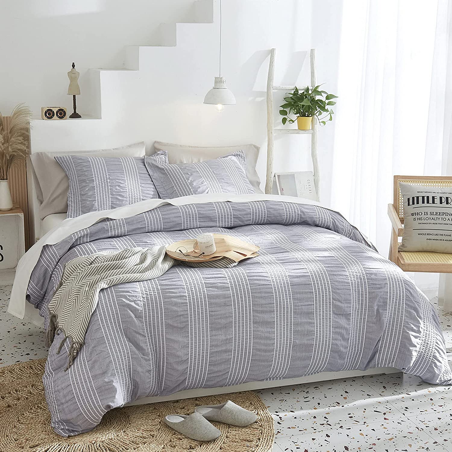 Price:$30.99  Seersucker Grey Duvet Cover Queen Size, Textured Seersucker Stripe Comforter Cover with Zipper Closure, 3 Pieces Duvet Cover Set (1 Duvet Cover & 2 Pillow Shams, 90×90 Inches) : : Home & Kitchen