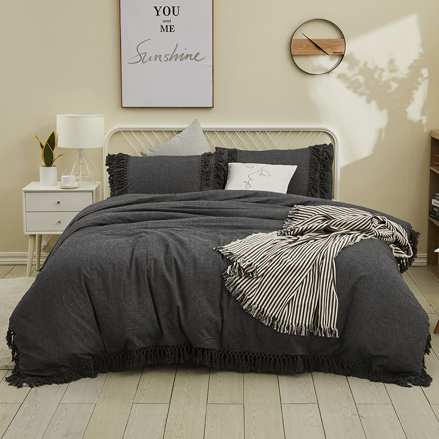 Price:$62.49  California King Duvet Cover 3 Pcs Boho Bedding Fringed Vintage and Shabby Tassel and Ruffle Bohemian Quilt Cover 100% Washed Cotton : Home & Kitchen