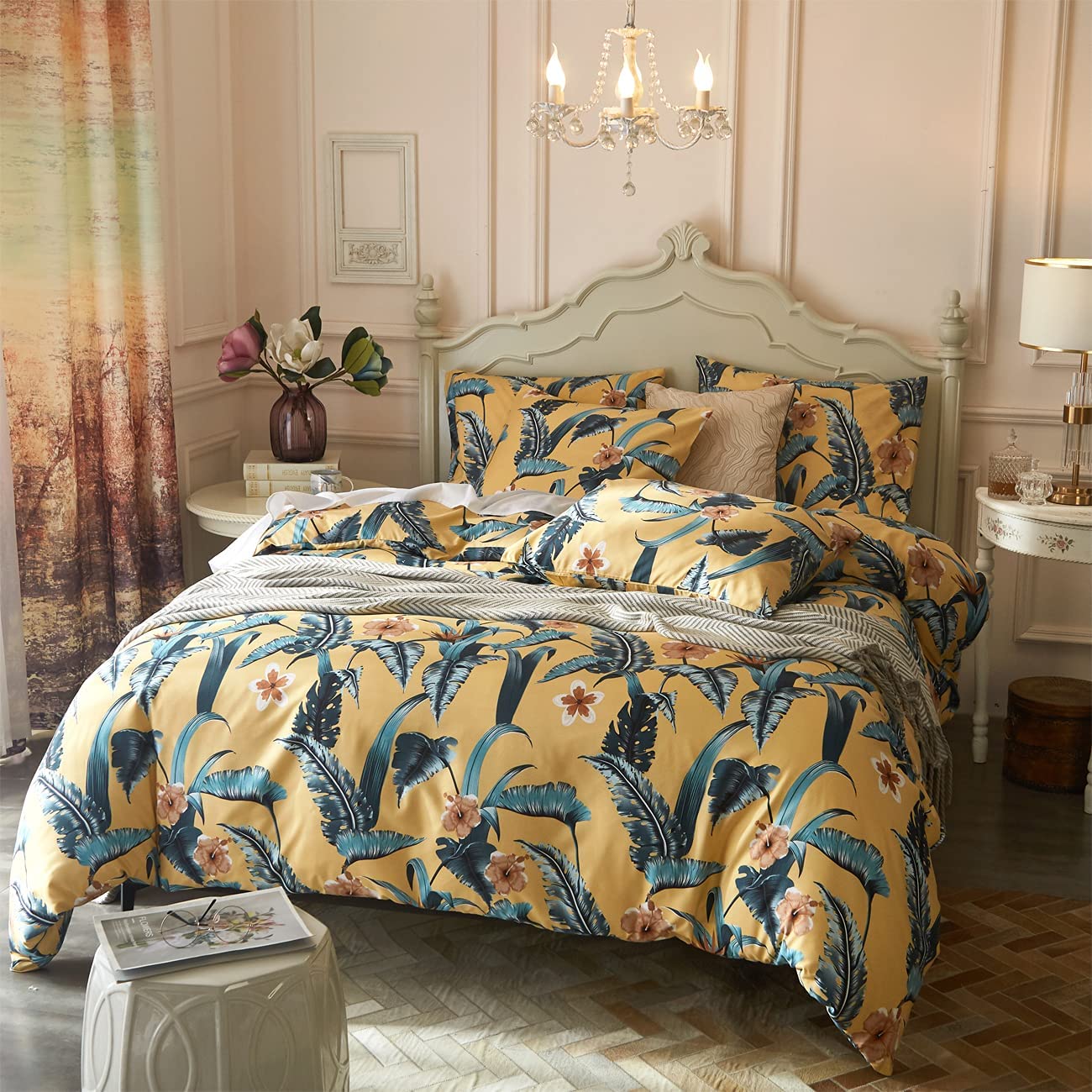 Price:$34.99  5PCS Yellow Microfiber Duvet-Cover-Sets, Queen Floral Leaves Soft Polyester Comforter-Cover Sets with1 Duvet-Cover and 4 Pillowcases, Zipper Closure Luxury Comfortable Bedding-Sets : Home & Kitchen