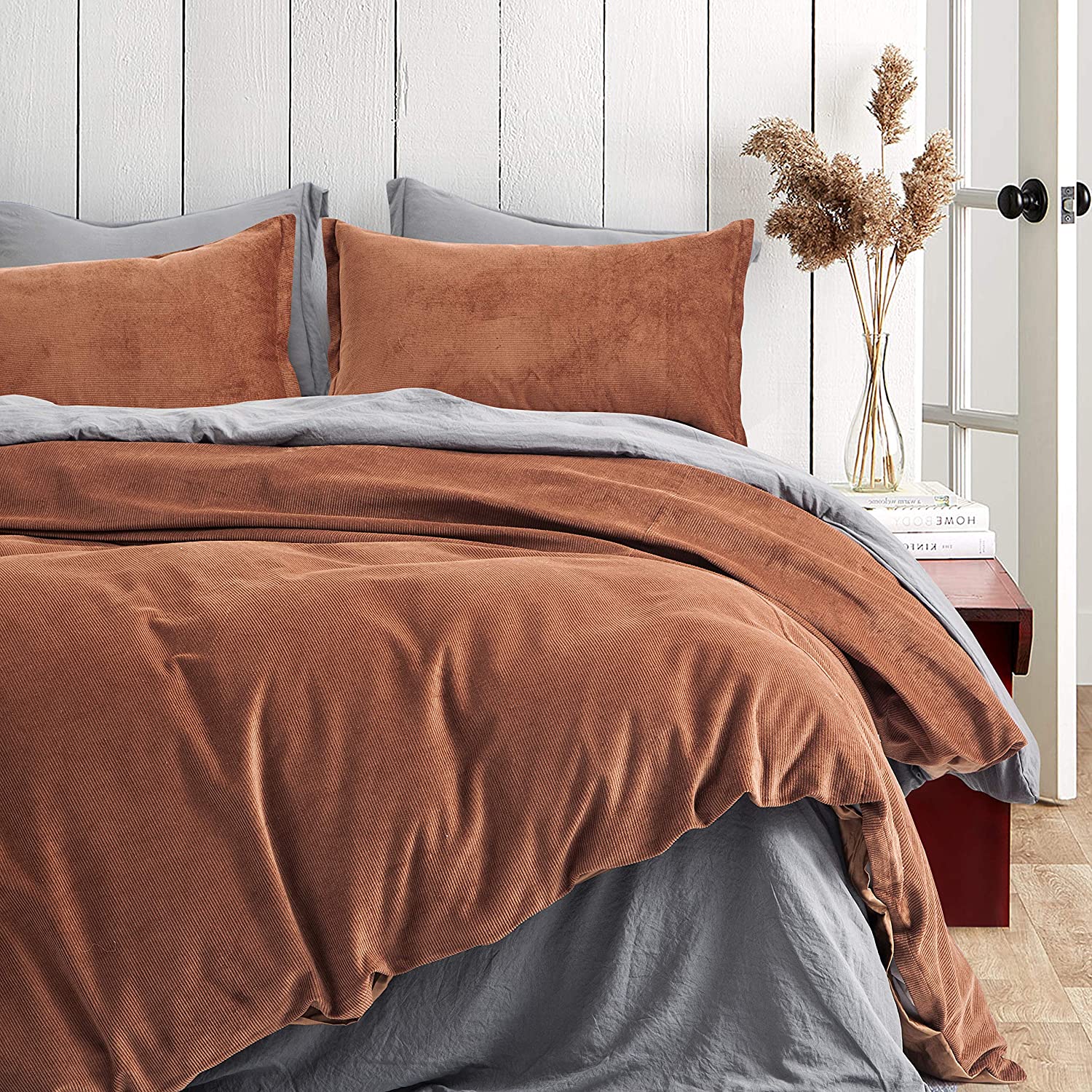Price:$189.90  Pure Cotton Velvet Corduroy Duvet Cover Set Natural Fabric Casual Modern Style Bedding Ribs Striped Reversible Solid Color Relaxed Soft Feel (Terracotta, Super King) : Home & Kitchen
