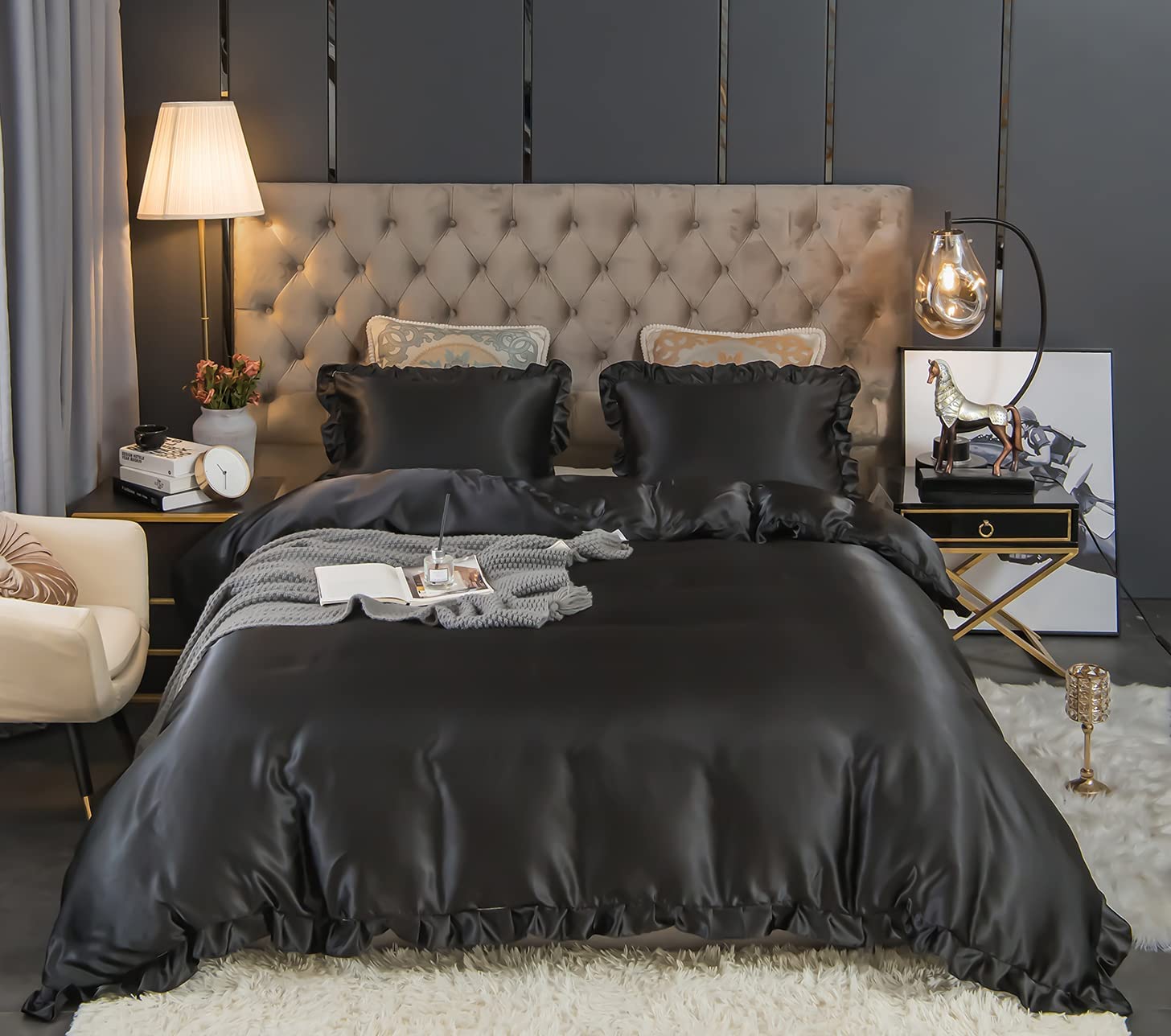 Price:$39.99  Silk Satin Bedding Luxury Sateen Duvet Cover Sets Shabby Chic Ruffle Design  Ruffled Fringe Farmhouse Bedding Sets King 1 Duvet Cover 2 Ruffled Pillow Shams (King, ) : Home & Kitchen