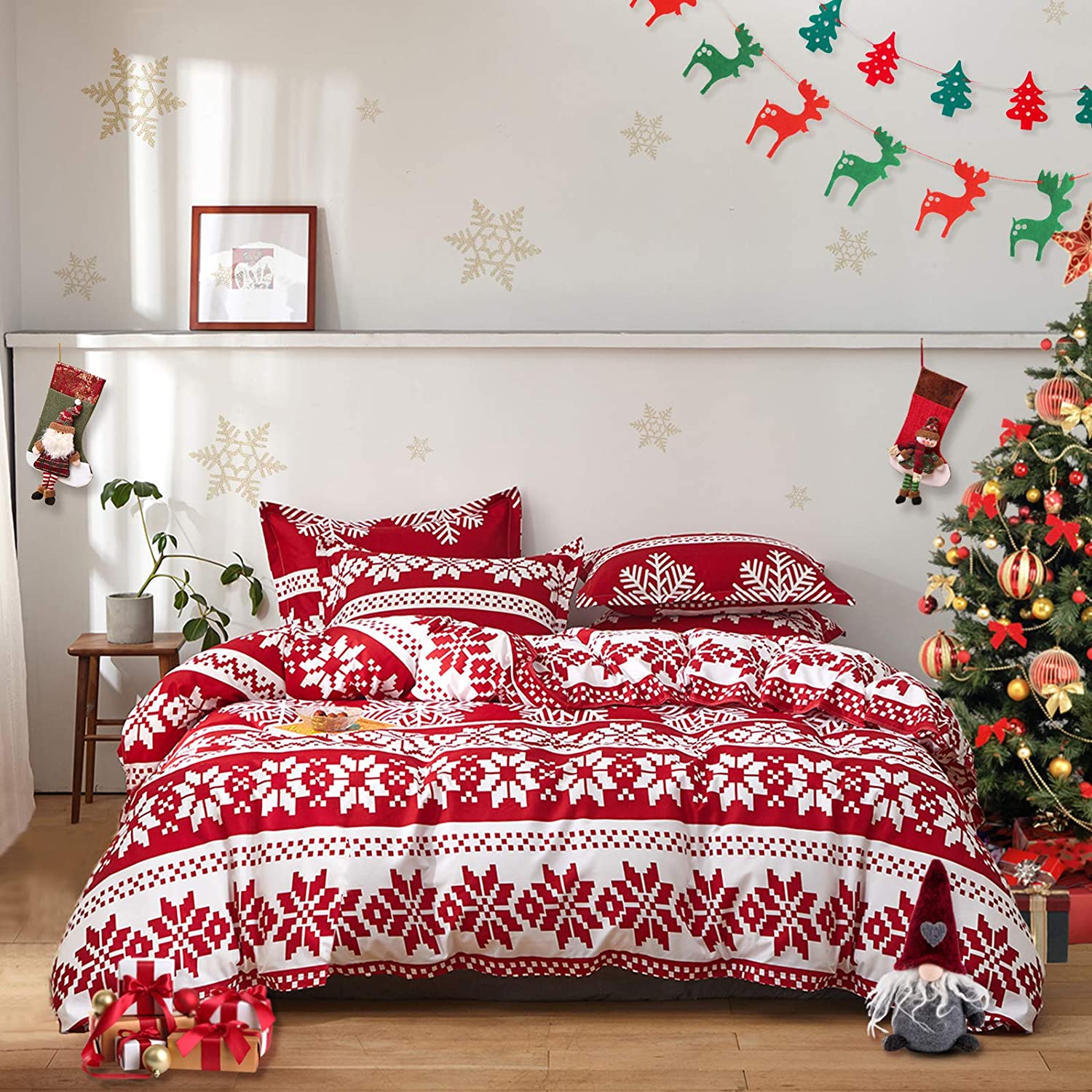 Price:$38.99  Christmas King Duvet Cover Set Soft Microfiber Merry Christmas Holiday - Red & White Snowflake Printed : Home & Kitchen