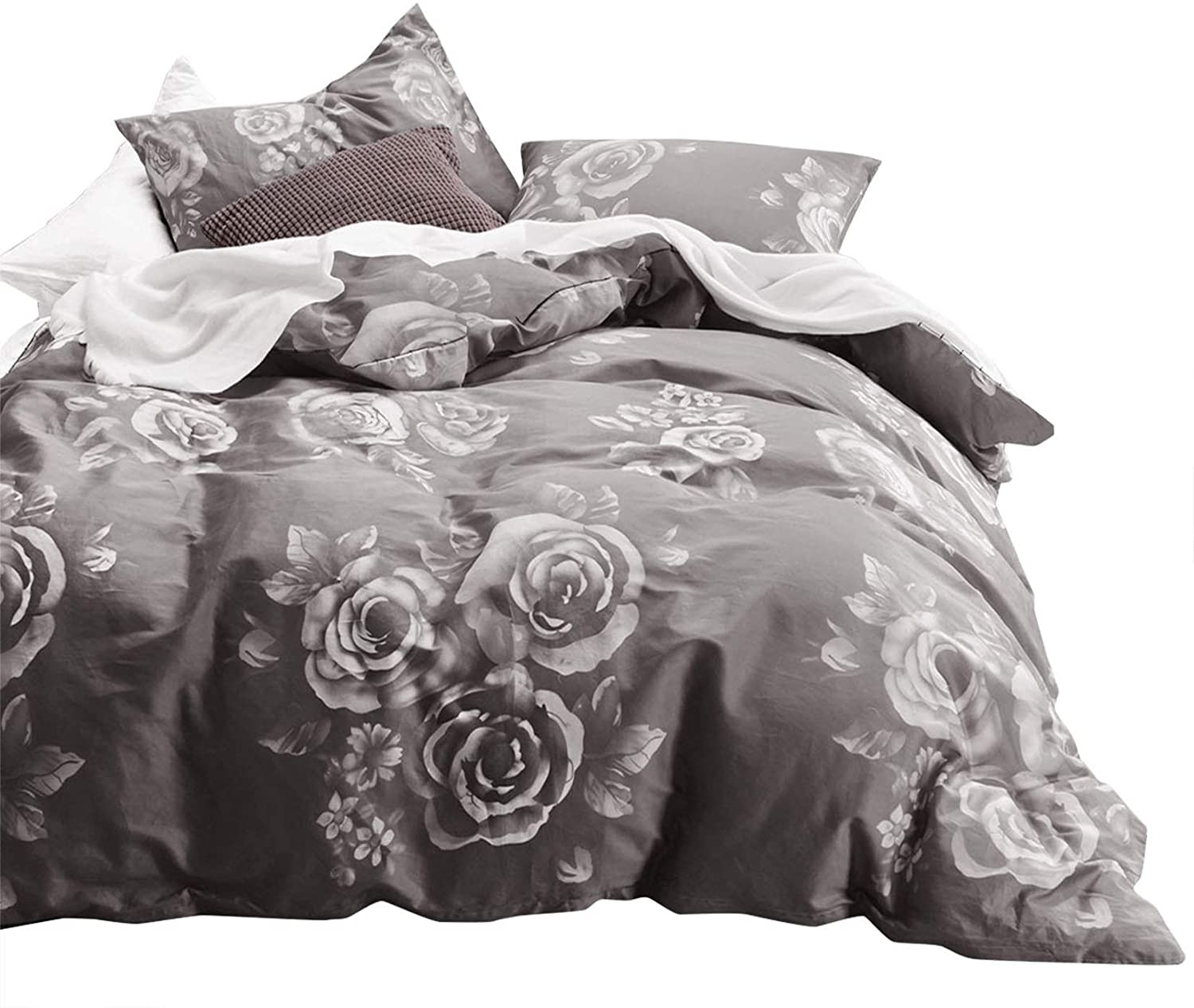 Price:$48.99  In Cloud - Gray Floral Duvet Cover Set, 100% Cotton Bedding, White Rose Flowers Pattern Printed on Dark Grey, with Zipper Closure (3pcs, King Size) : Home & Kitchen