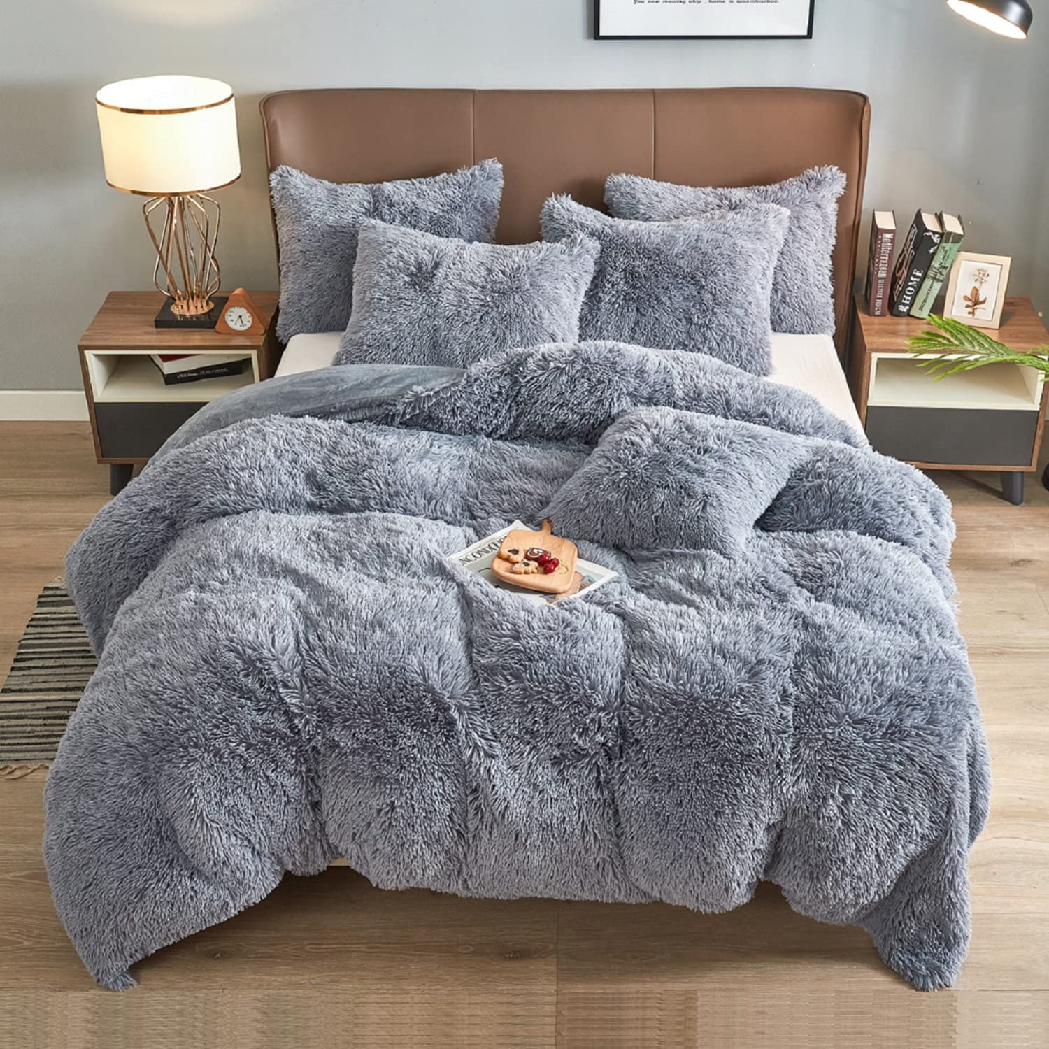 Price:$65.99  Duvet Cover Set, Luxury Ultra Soft Velvet Duvet Cover Set Fluffy  Shaggy Bedding Sets 4 Pieces ( 1 Duvet Cover + 2 Pillow Case + 1 Pillow Cover) Zipper Closure (King, Light Gray) : Home & Kitchen