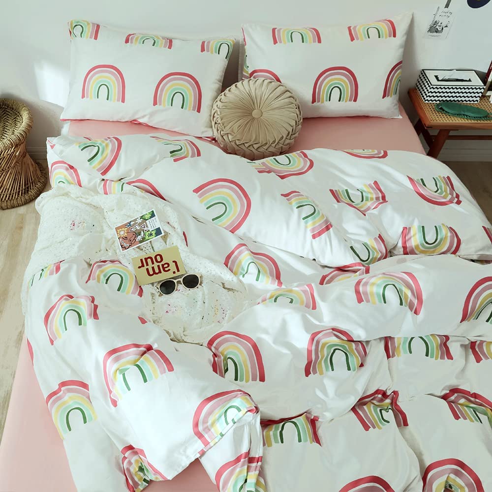 Price:$47.90  Duvet Cover Rainbow Bedding Cute Kids Bedding Set for Girls Cotton White Comforter Cover Soft Lightweight Cartoon Style 3 Piece Bed Cover Set : Home & Kitchen