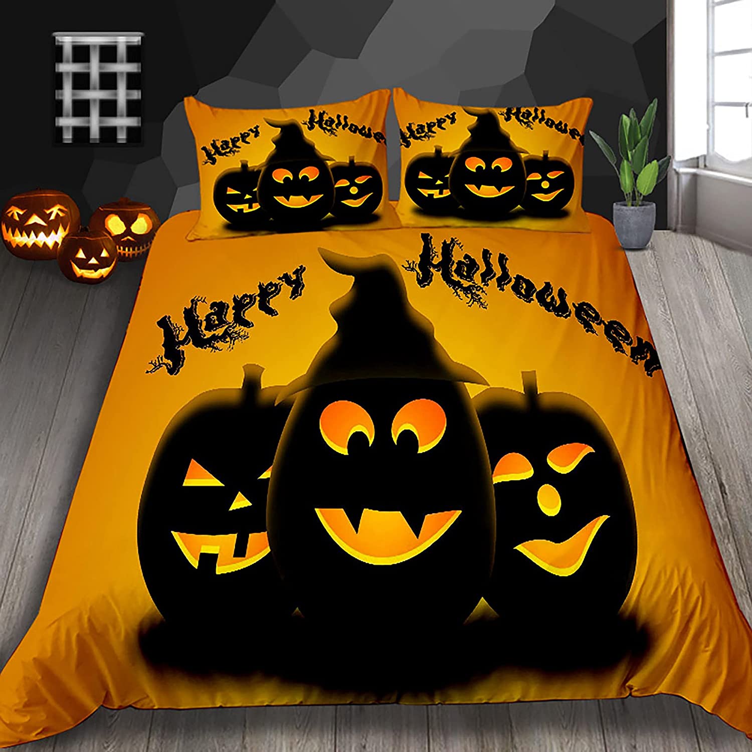 Price:$39.99  Skull Duvet Cover Set 3 Pieces Halloween Skeleton Pumpkin Bat Pattern Bedding Comforter Cover Set, Soft Microfiber Bedding Set King Size : Everything Else