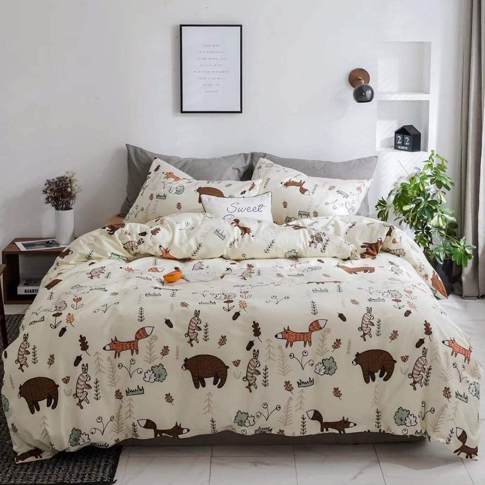Price:$58.50  Kids Bear Bedding Queen Girls Cartoon Duvet Cover Full Teen Boys Rabbit Fox Duvet Cover Woodland Forest Theme Bedding Sets Queen Animal Print : Home & Kitchen