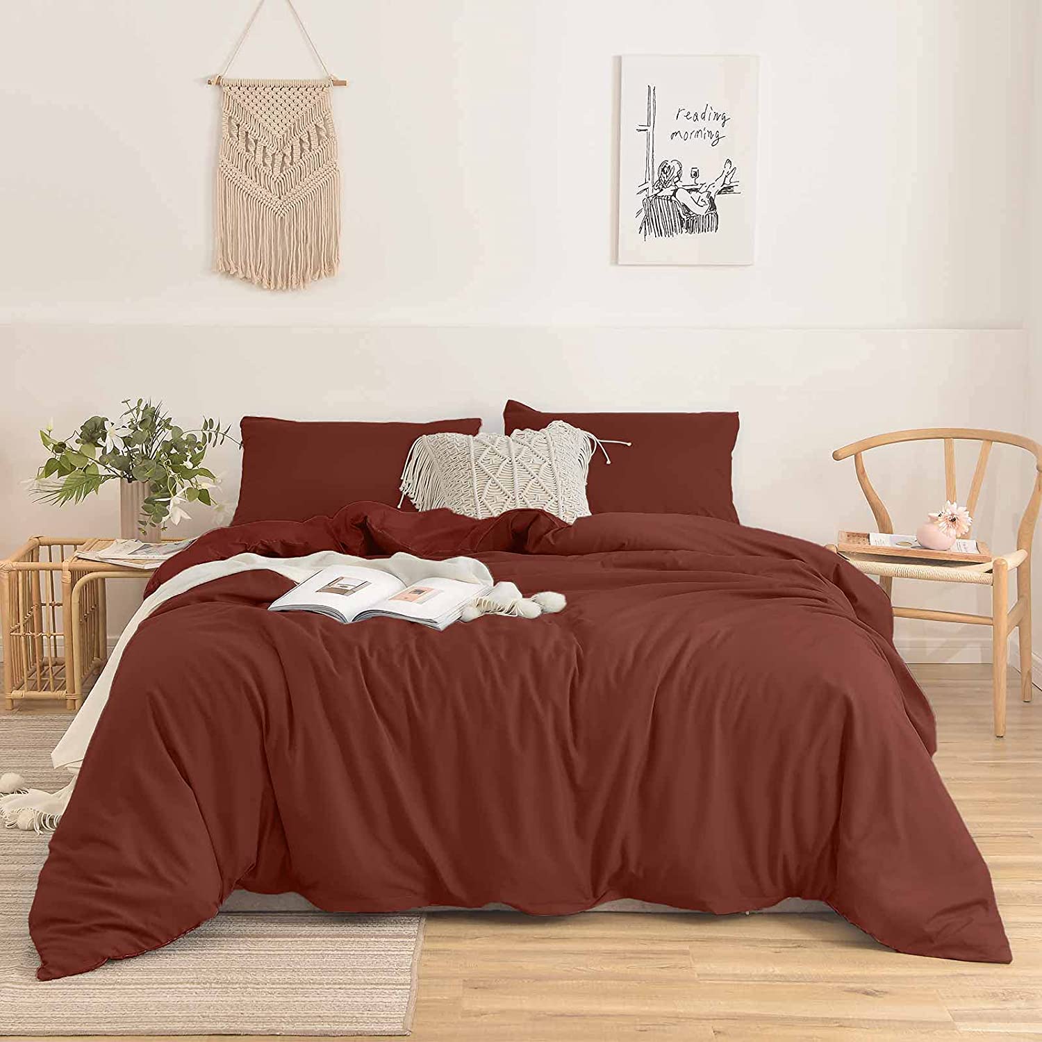 Price:$29.99  Queen Duvet Cover Set Burnt Orange 3pc 90x90 Luxury Microfiber Comforter Quilt Bedding Cover with Deco Buttons Zip Closure Ties - Modern Elegant Style for Men and Women Chambray Teen Terracotta : Home & Kitchen