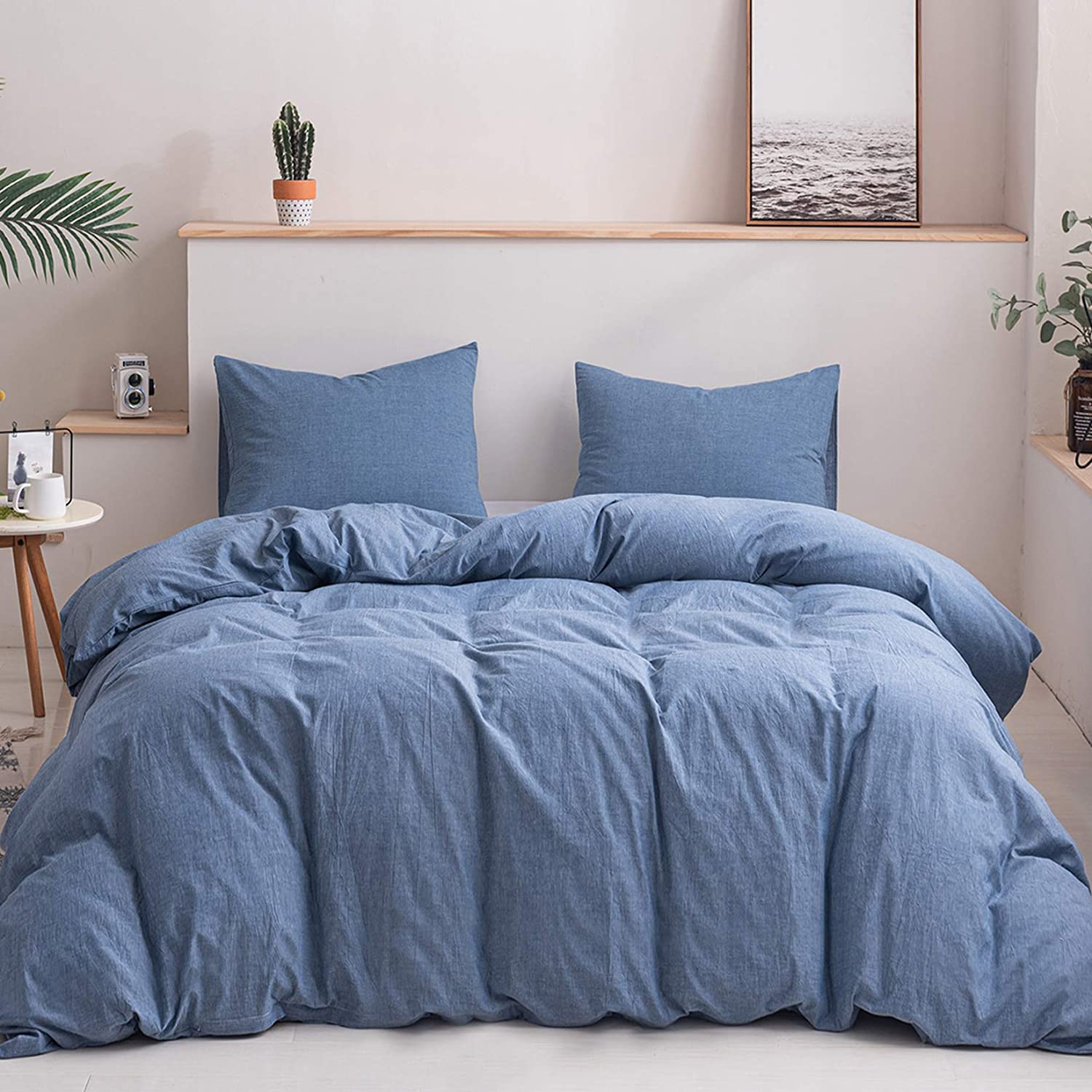 Price:$34.99  100% Washed Cotton Duvet Cover 3-Piece Set King Size (90"x104"), Soft Modern Solid Color Cozy Comforter Cover Bedding Sets (1 Duvet Cover + 2 Pillow Shams), Blue, King : Home & Kitchen