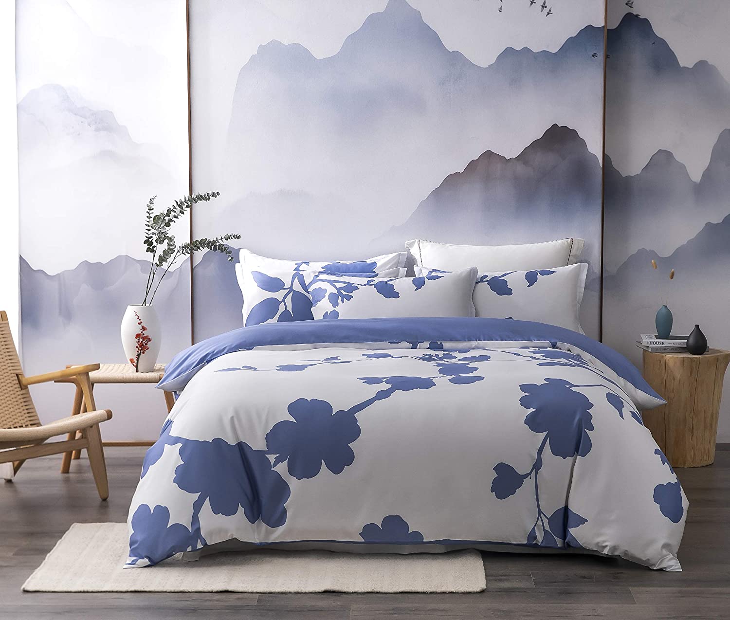 Price:$39.99  Floral Duvet Cover Set King Size,Blue Flowers Branch Pattern Printed,Ultra Soft Washed Microfiber Bedding Duvet Cover and 2 Pillow Shams(Button Closure&Corner Ties) : Home & Kitchen