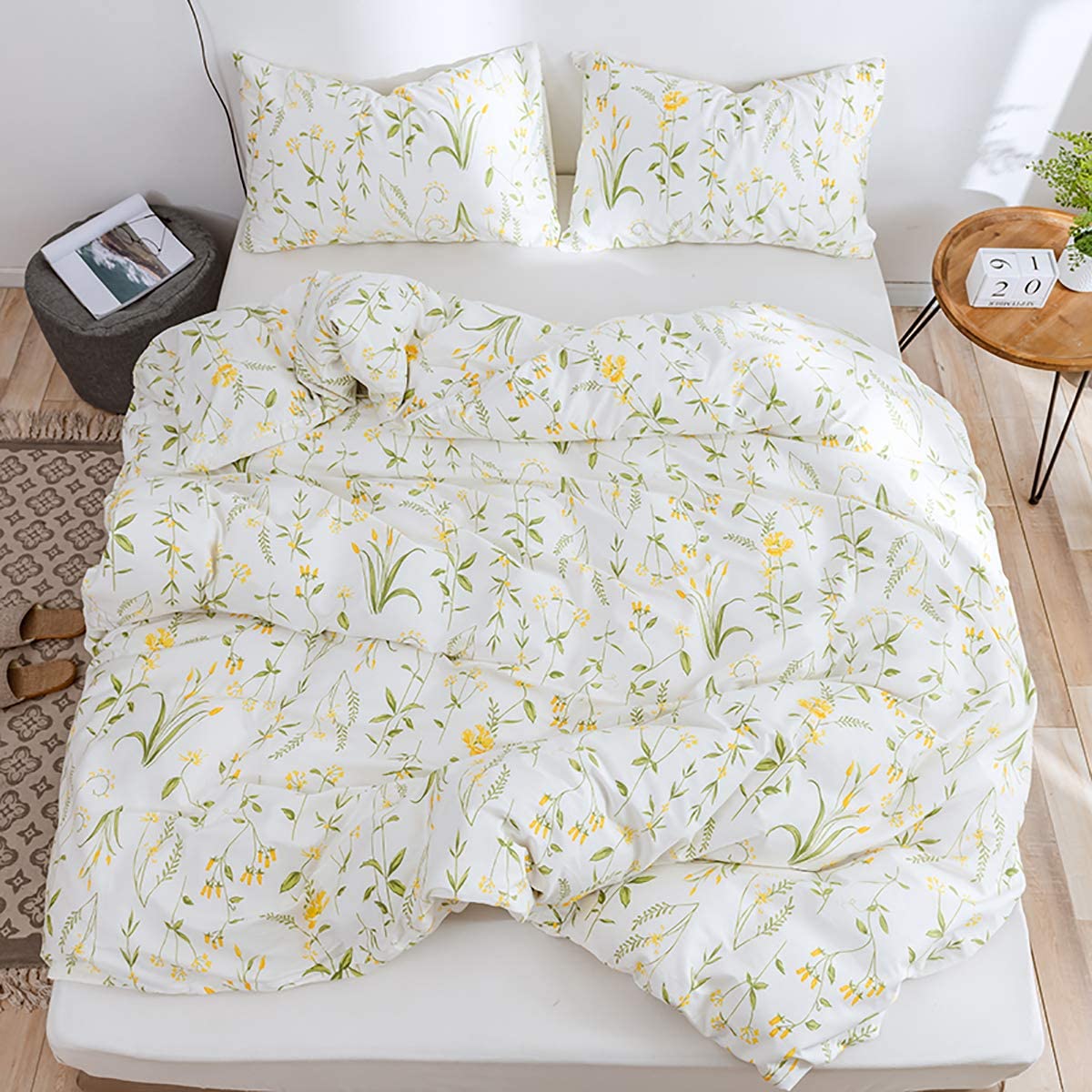 Price:$46.00  Botanical Floral Duvet Cover Twin Set 100 Organic Cotton Modern Rustic Flower Printed Reversible Bedding Set White Plants Flower Blossom Comforter Quilt Cover Zipper Closure (HH,T) : Home & Kitchen