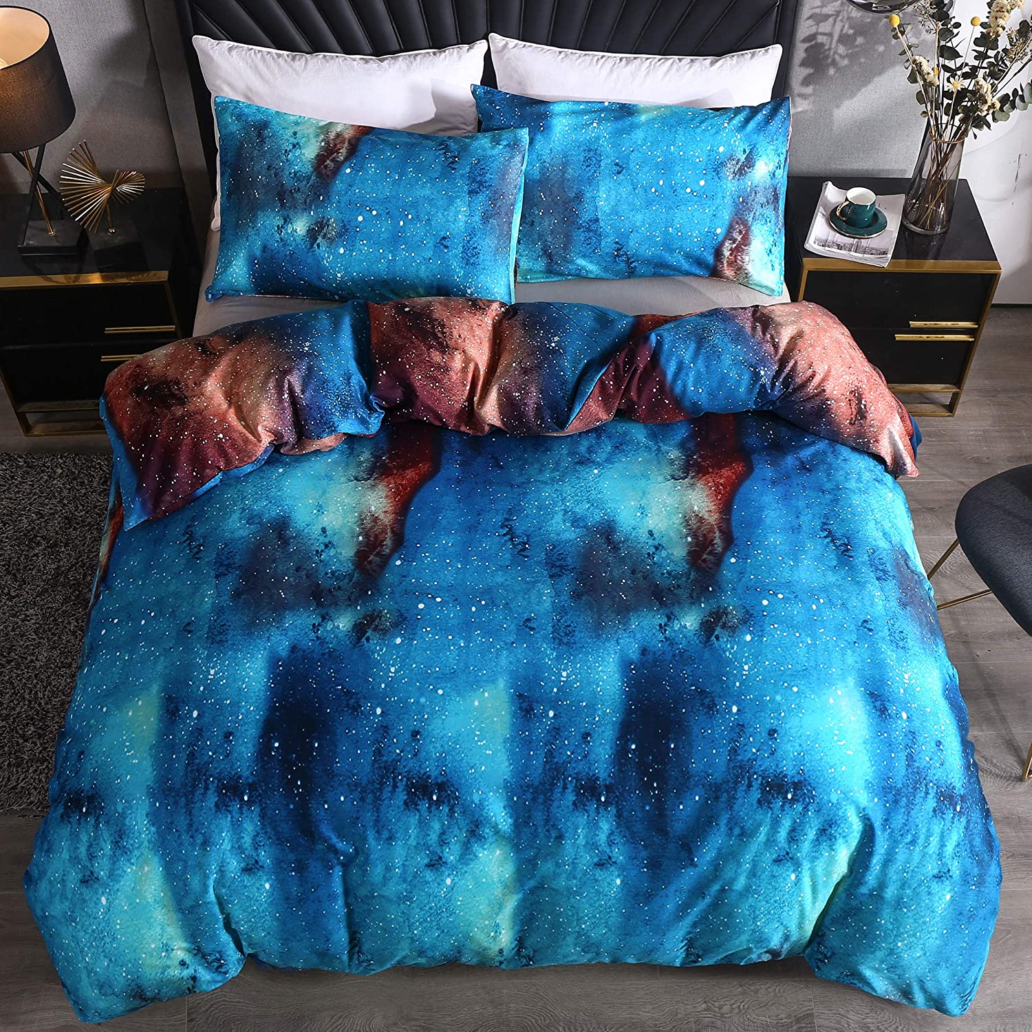 Price:$29.89  3D Aurora Borealis Duvet Cover Set King Size Outer Space Design Luxury Soft Bedding Set Comforter Cover(1 Duvet Cover+2 Pillowcases) Blue : Home & Kitchen