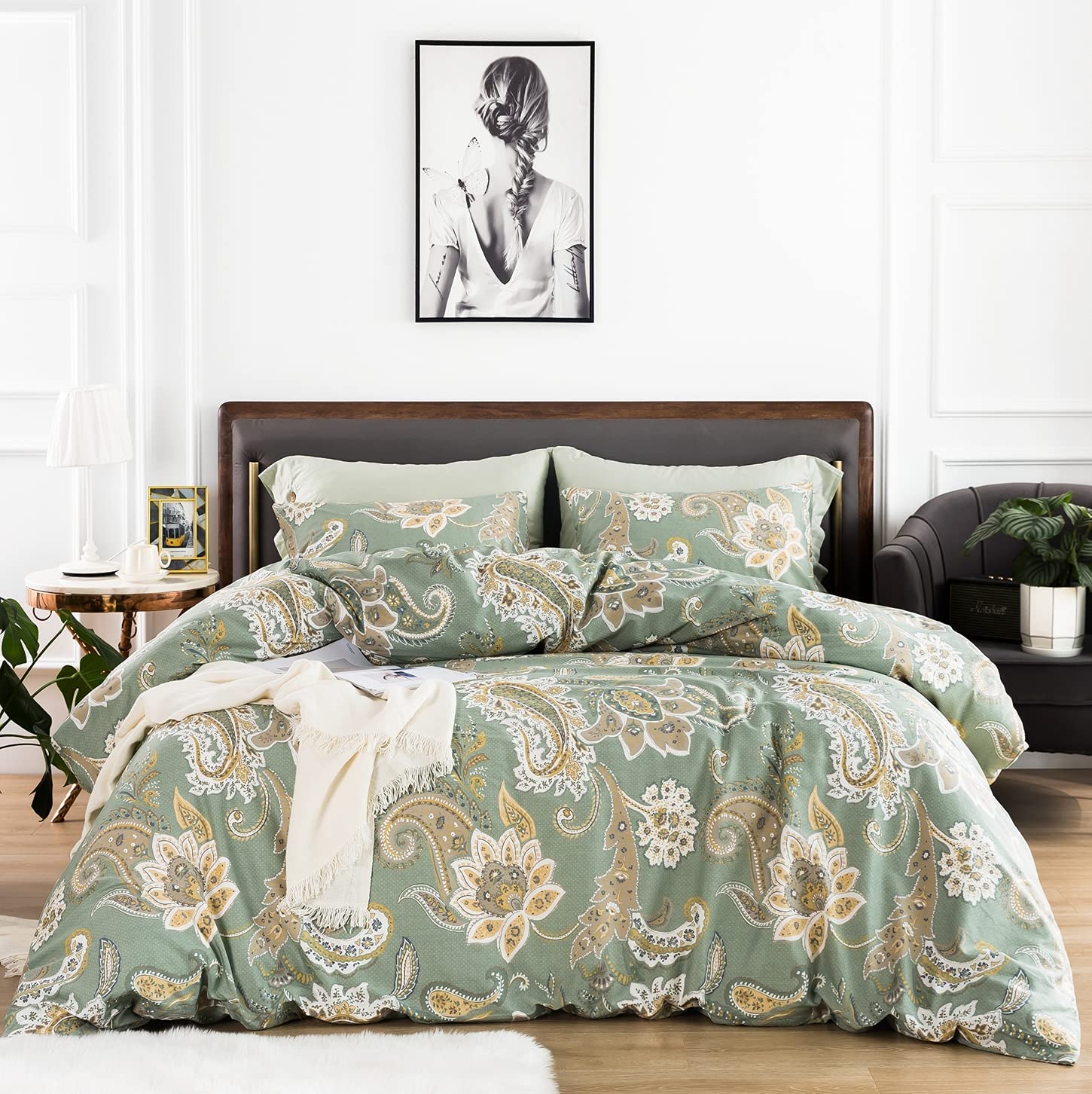Price:$56.99  3 Pieces Duvet Cover Set 100% Cotton King Size Sage Green Boho Paisley Bedding Set 1 Retro Bohemian Floral Print Duvet Cover with Zipper 2 Pillowcases Hotel Quality Soft Breathable Durable : Home & Kitchen