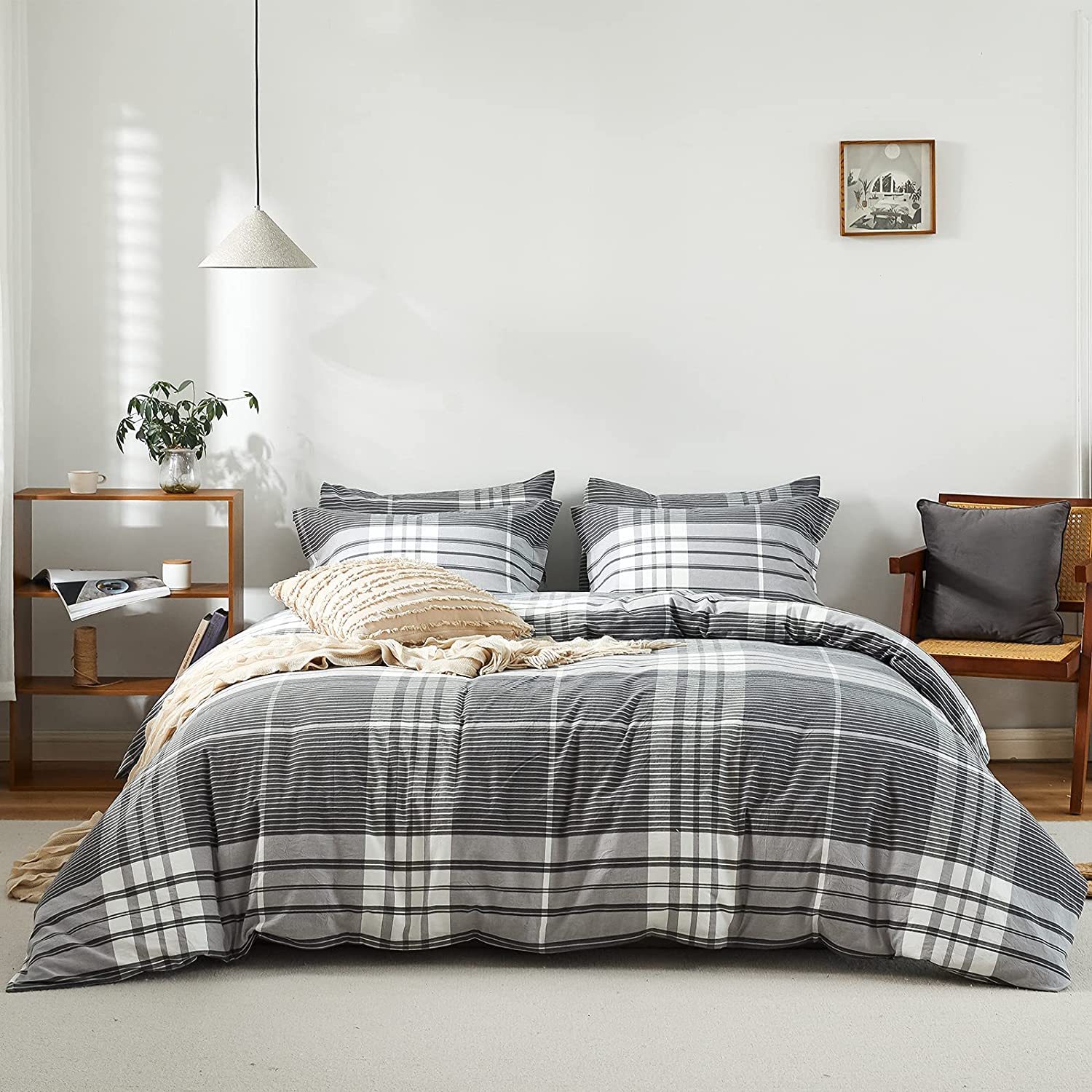 Price:$52.99  Lake 100% Washed Cotton Duvet Cover Set with Striped Plaid Pattern King Size, 3 Pieces Luxury Breathable Comforter Cover Bedding Set with Zipper Closure (2 Pillowcases,1 Duvet Cover)- Grey : Home & Kitchen