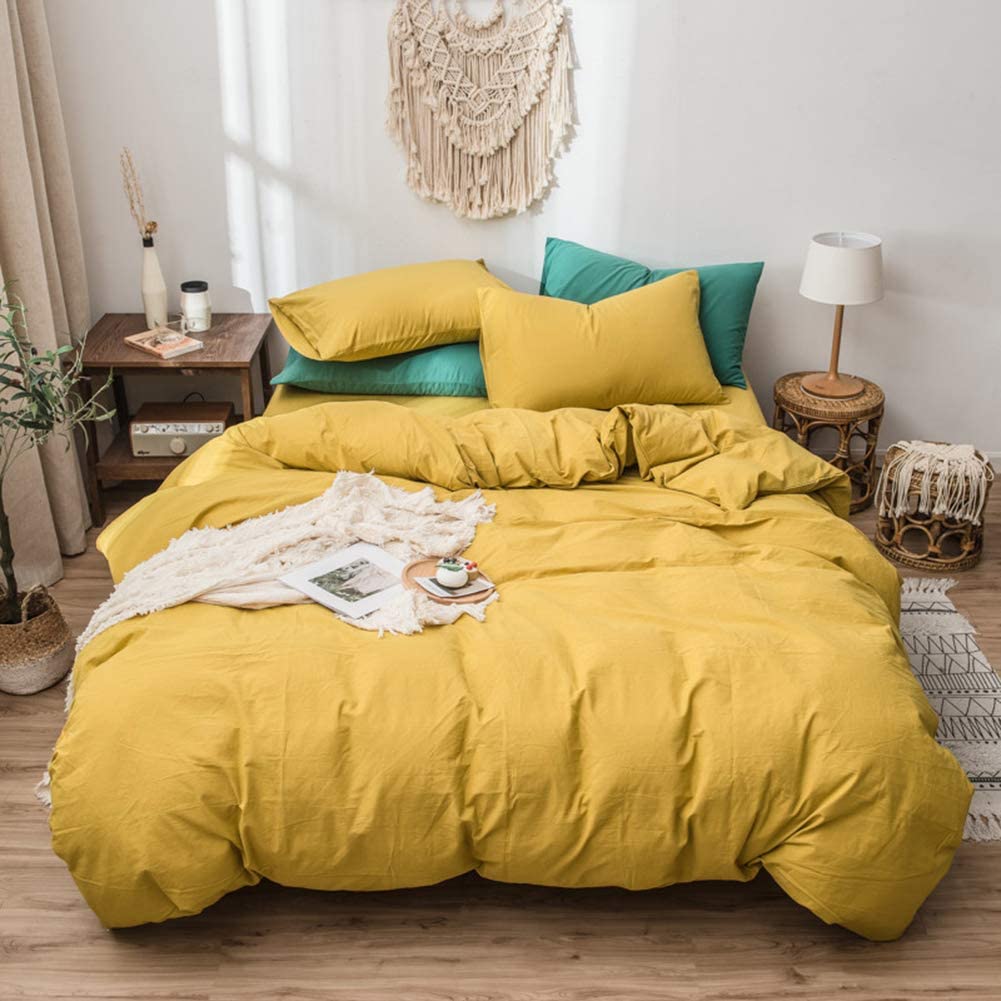 Price:$49.99  Yellow Duvet Cover Queen 100% Washed Cotton Yellow Duvet Cover Set Full 3pc Solid Modern Farmhouse Bedding Duvet Cover Set with Zipper Closure Corner Ties--No Comforter : Home & Kitchen