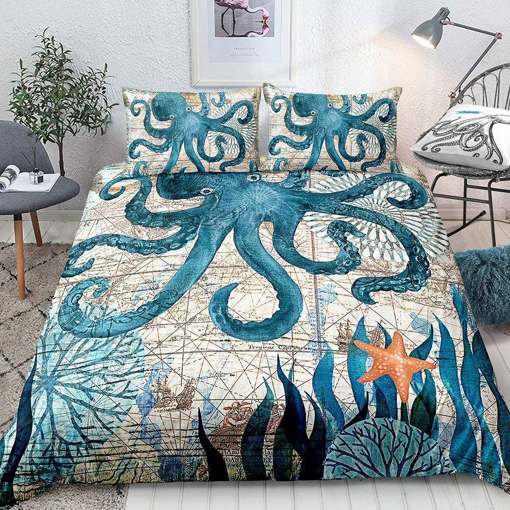 Price:$39.99  Bedding Octopus Duvet Cover Set Teal Mystic Kraken Mediterranean Style Design Teal Animal Bedding Sets Twin 1 Duvet Cover 1 Pillowcase (Twin, Octopus) : Home & Kitchen