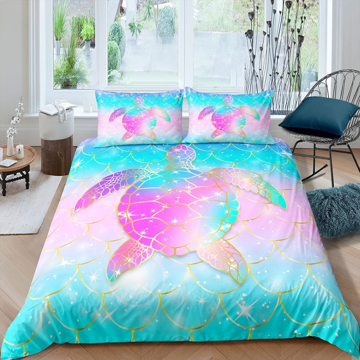 Price:$42.00  Mermaid Scales Duvet Cover for Girls, Tortoise Reptile Bedding Set Full Size, Sea Turtle Ocean Life Comforter Cover for Kids Children Boys Women, Sweet Girly Bedspread Cover, Teal Blue : Home & Kitchen