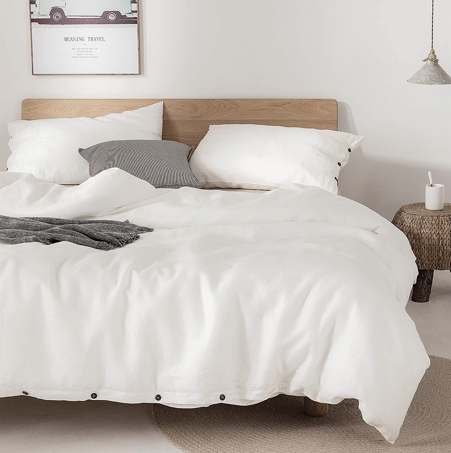 Price:$105.99  HOME & SPORTS 100% Linen Duvet Cover Set 3 Pieces Queen Size Ultra Soft French Flax for Bedroom Comforter Quilt Cover Bedding Set with Buttons Closure Solid Color Pillowcases(Queen, White) : Home & Kitchen