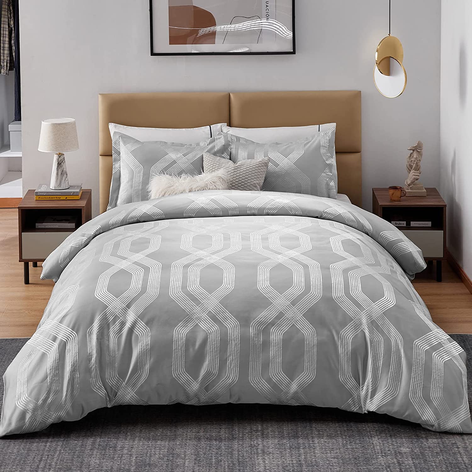Price:$52.99  King Duvet Cover Set - Grey Duvet Cover King Size, Geometric Patterned King Size Duvet Cover, Luxury Jacquard Hotel Duvet Cover with 2 Pillow Shams (Silver Grey, King) : Home & Kitchen