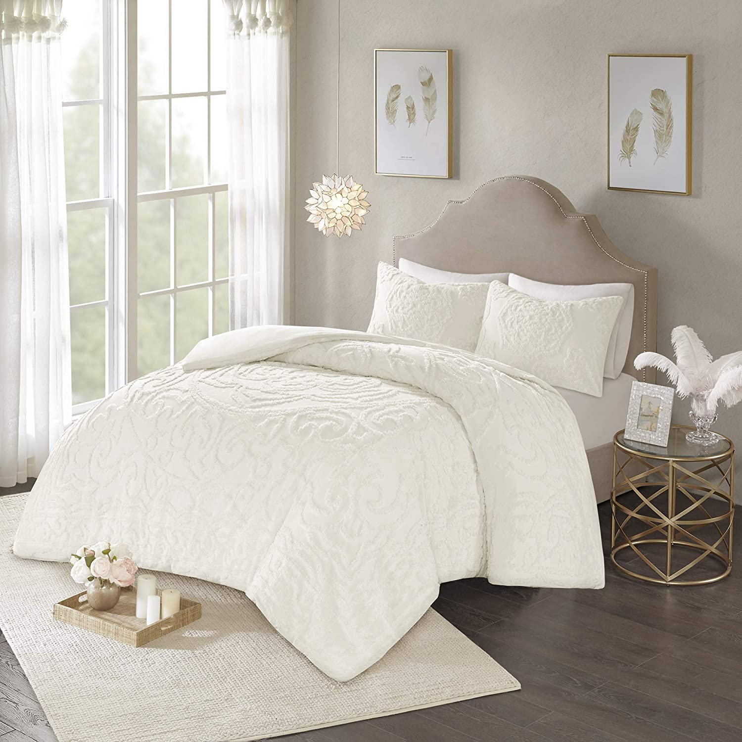 Price:$37.99  Park Laetitia 100% Cotton Duvet Set - Chenille Tufted Medallion Design, All Season Cozy Bedding Shabby Chic Comforter Cover, Matching Shams, Floral Ivory King/Cal King(104"x92") 3 Piece : Home & Kitchen