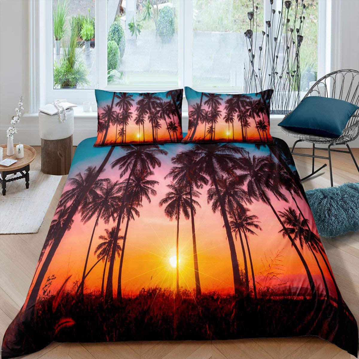 Price:$46.99  Leaves Duvet Cover King Size Sunset Decor Bedding Set Tropical Botanical Comforter Cover Set with Zipper Ties Soft Microfiber Hawaii Vacation Style Quilt Set,1 Duvet Cover with 2 Pillow Cases : Home & Kitchen
