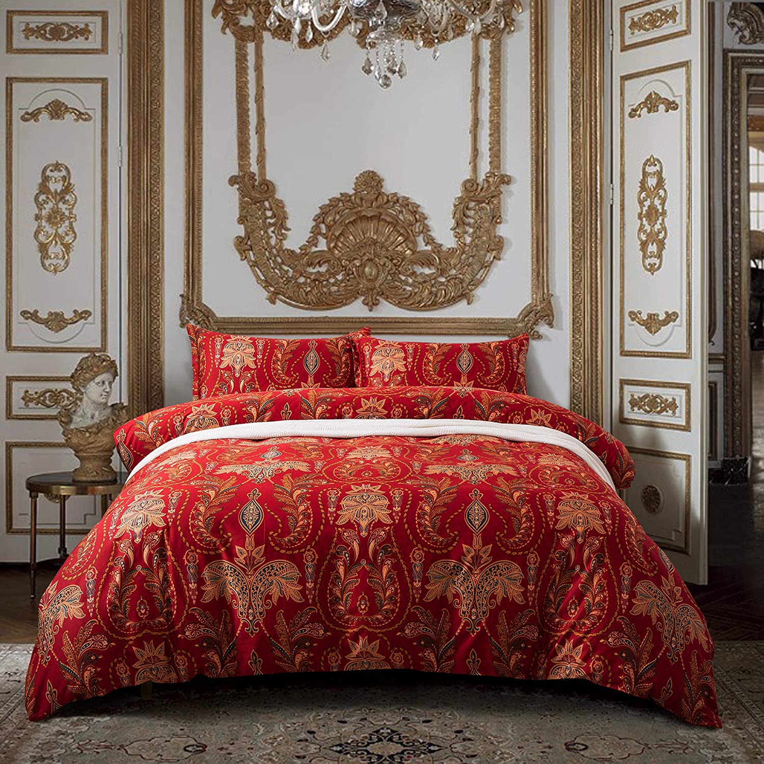 Price:$118.80  Bohemian Paisley Duvet Cover 3pc Set Boho Bedding Boteh Damask Medallion 400TC Egyptian Cotton Sateen Luxury European Traditional Style Bed Linen (Red Teal, King) : Home & Kitchen