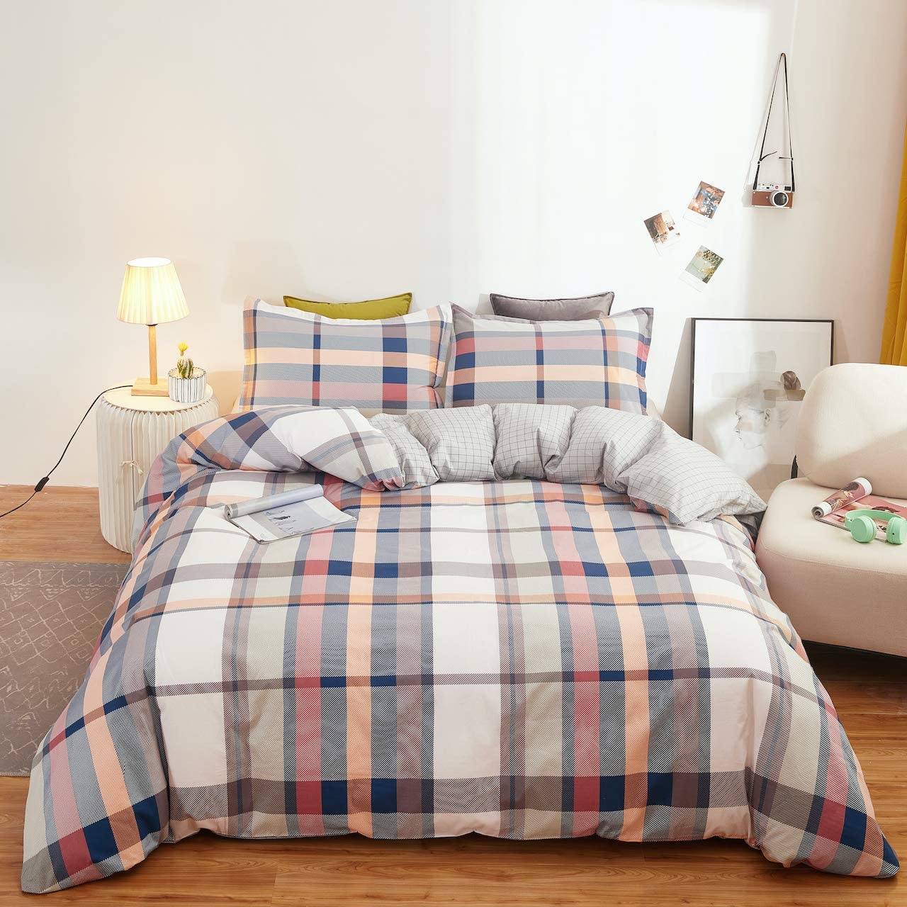 Price:$53.99  Plaid Striped Duvet Cover,3 Pieces 100% Cotton Buffalo Gingham Bedding Sets.Soft and Breathable with Zipper Closure & Corner Ties(Light Orange,Queen) : Home & Kitchen