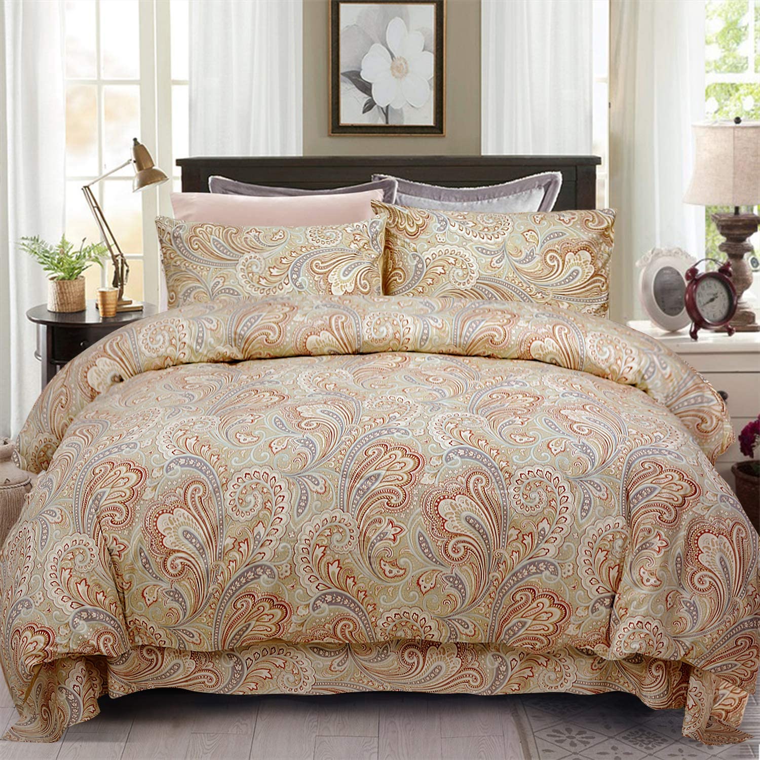 Price:$49.99  Luxury Chic Paisley Bedding Set Boho 4Pcs 1 Duvet Cover +1 Flat Sheet + 2 Envelope Pillowshams California King Size 100% Egyptian Long-Staple Satin Cotton Khaki : Home & Kitchen
