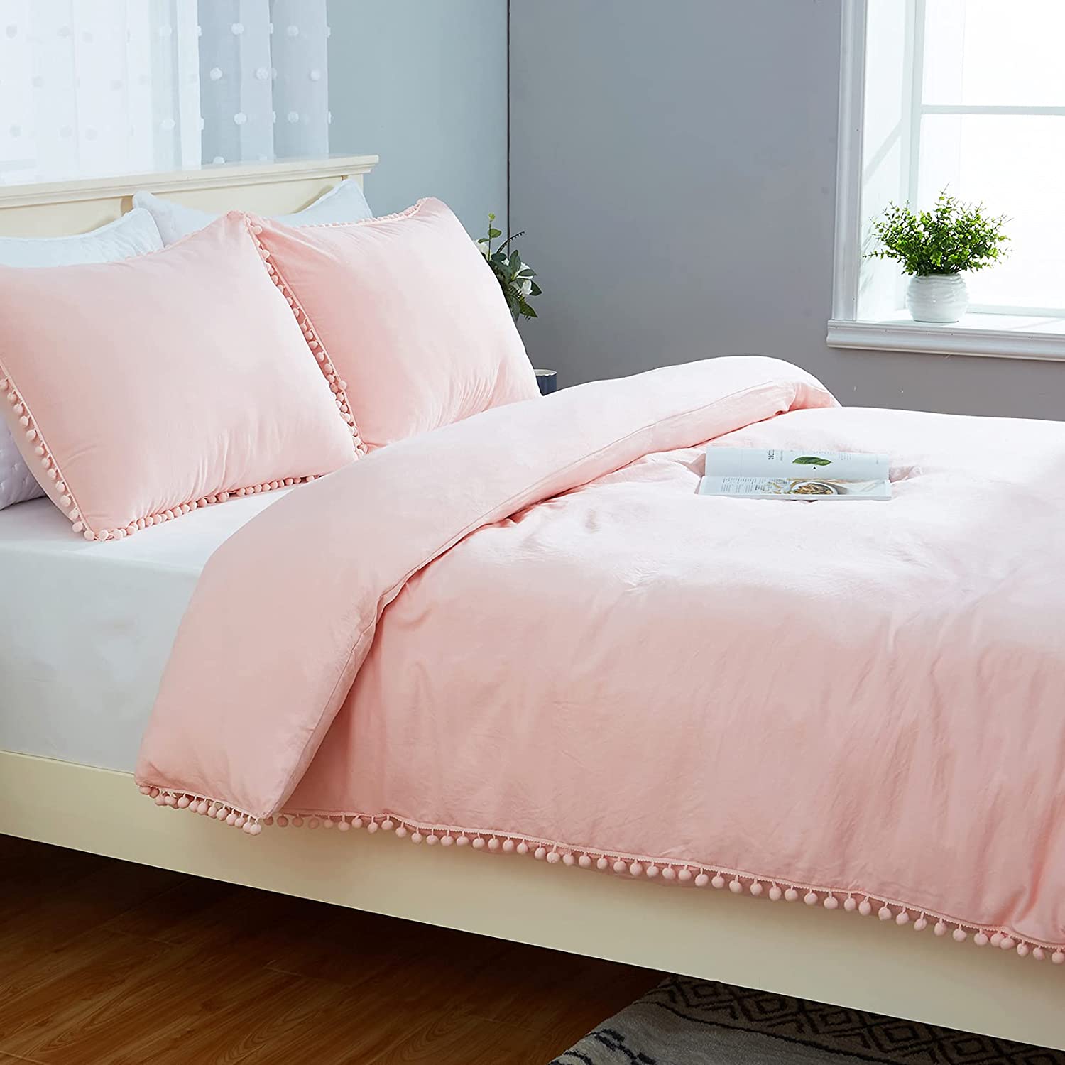 Price:$28.99  Pom Pom Fringe Duvet Cover Twin Size Kids, 2 Pieces Soft Washed Microfiber Duvet Cover Set for Girls with Zipper Closure All Season, Pink, 68x90 inches : Home & Kitchen