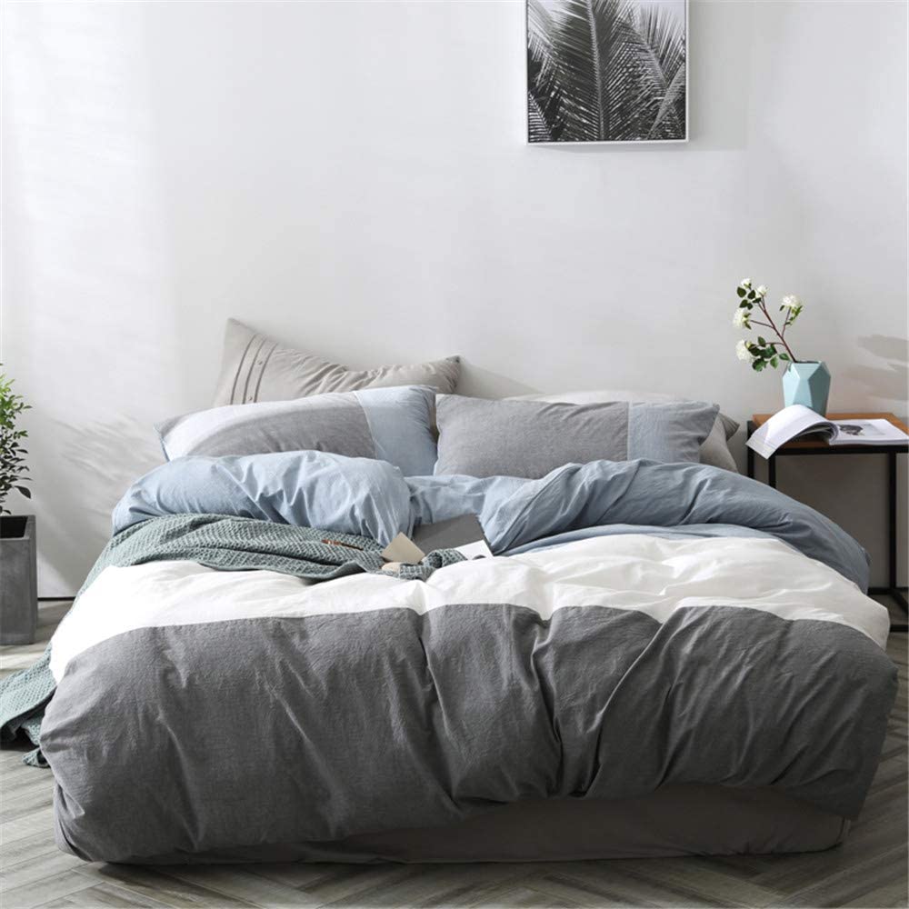 Price:$58.00  Grey Blue and White Geometric Striped Duvet Cover Queen 100% Washed Cotton Duvet Cover with 2 Pillowcases Reversible Striped Patchwork Bedding Set Modern Striped Comforter Set : Home & Kitchen