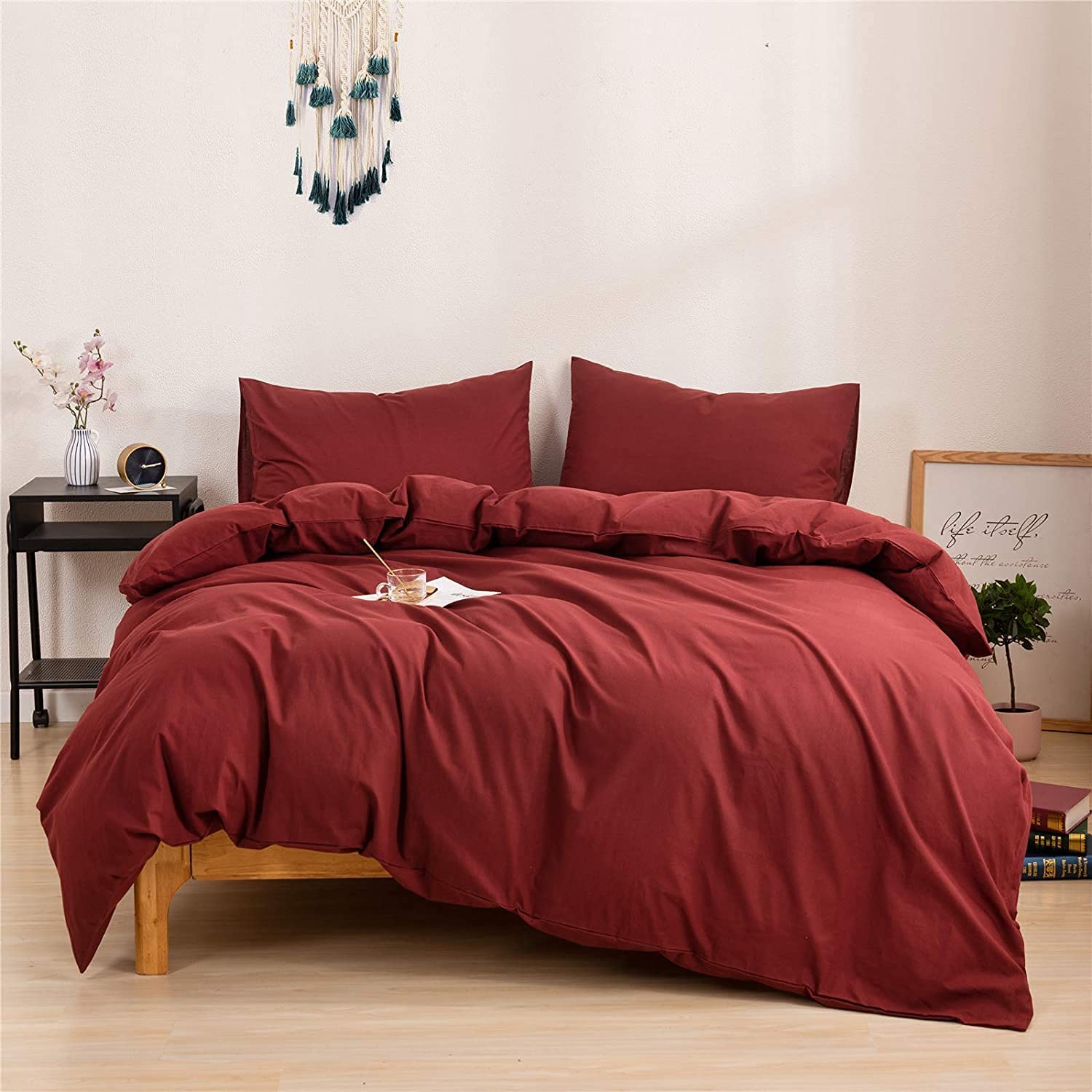 Price:$57.99  King Burgundy Duvet Cover Set 100% Cotton Duvet Cover Modern Burgundy Bedding Set for Teens Duvet Cover 1 Duvet Cover with 2 Pillowcases Zipper Closure : Home & Kitchen