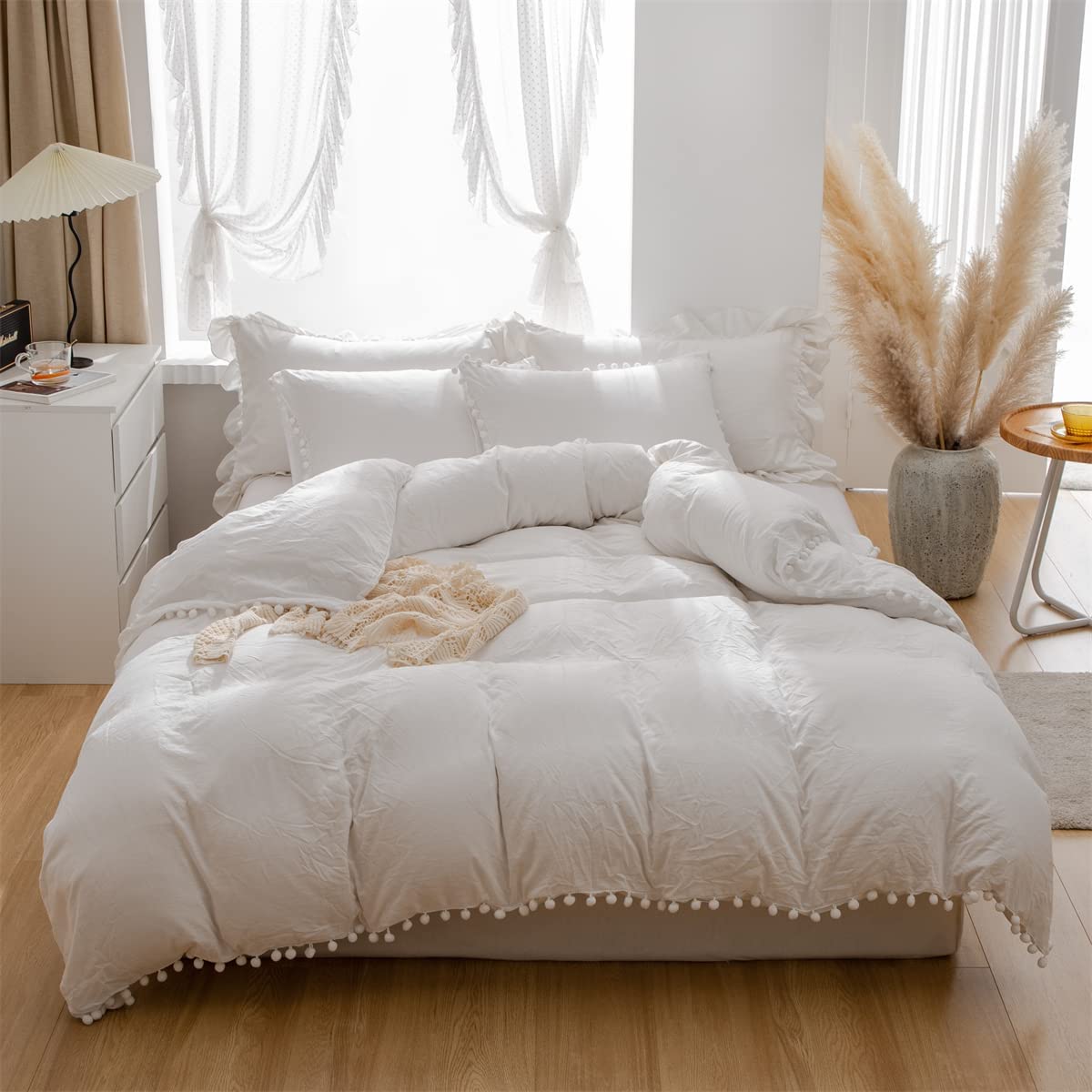 Price:$37.99  Cover Full Size,100% Washed Microfiber 3pcs Bedding  Cover Set, Pom Poms Fringe Solid Color Soft and Breathable with Zipper Closure & Corner Ties (Full, White) : Home & Kitchen