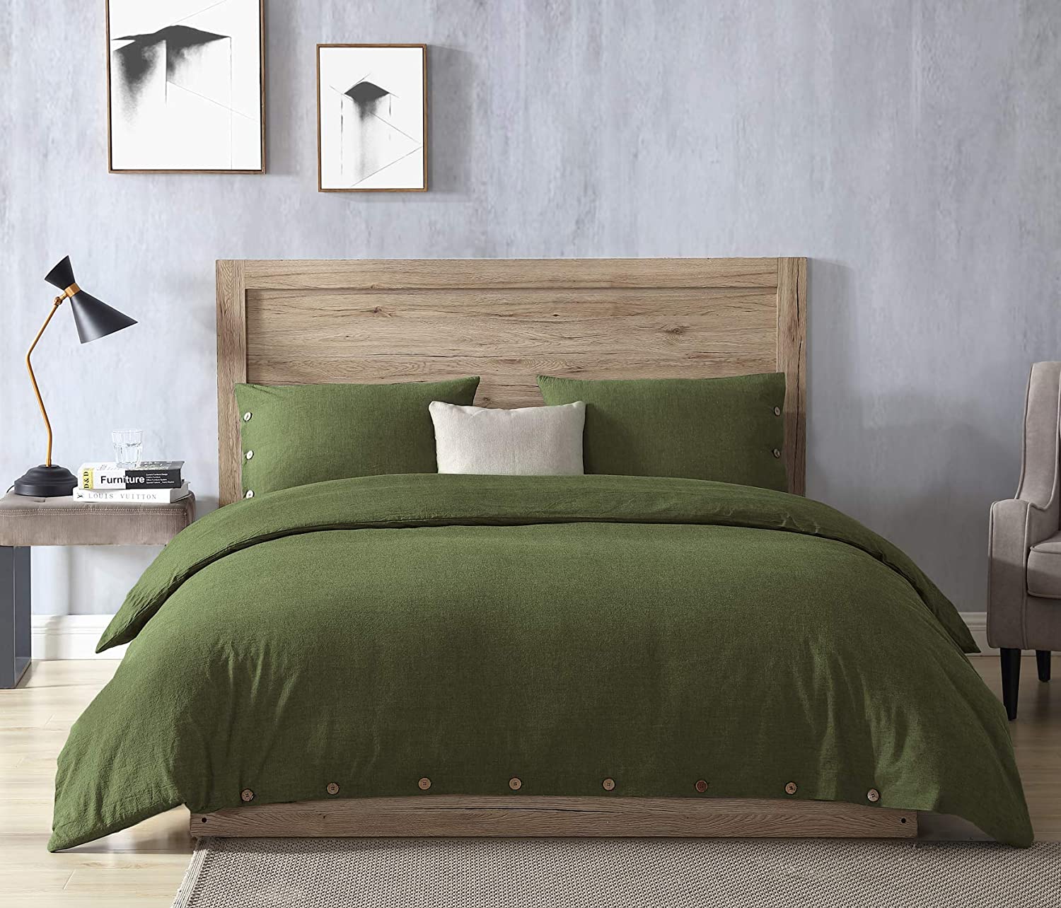 Price:$69.99  Home Cotton Olivine Green Duvet Cover Set King Size 3 Pieces, Super Soft Vintage Bedding Down Comforter Cover with Button Closure, Machine Washable Breathable Duvet Cover : Home & Kitchen