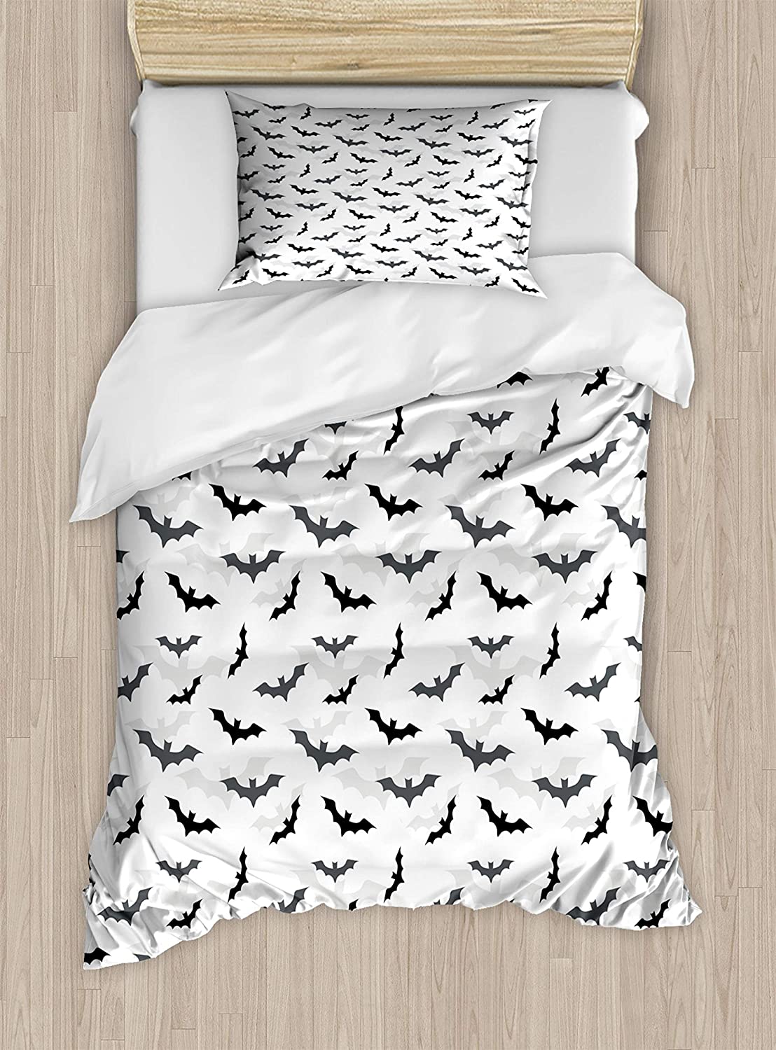 Price:$59.95  Goth Duvet Cover Set, Halloween Concept Silhouette of Flying Bats and Shadows Pattern, Decorative 2 Piece Bedding Set with 1 Pillow Sham, Twin Size, White Grey : Home & Kitchen