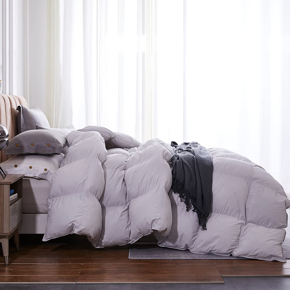 Price:$94.90  Feather Comforter Luxurious King Size Duvet Insert, 1000TC Breathable 100% Egyptian Cotton Cover, 65oz Fill Weight 600+ Fill Power Lightweight Warmth  Duvet (106x90Inches,Mirage Grey) : Home & Kitchen