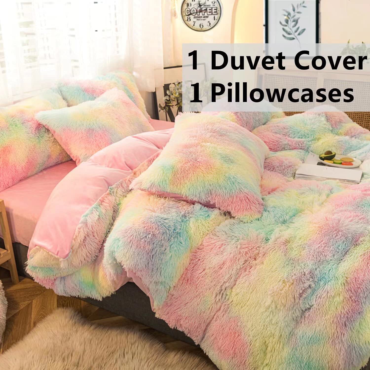 Price:$65.99  Pieces Plush Fluffy Duvet Cover, Luxury Ultra Soft Shaggy Faux Fur Comforter with Crystal Velvet Fabric Inner Lining Zipper Closure (1 Duvet Cover + 1pillowcases) Rainbow Pink, Twin Size : Home & Kitchen