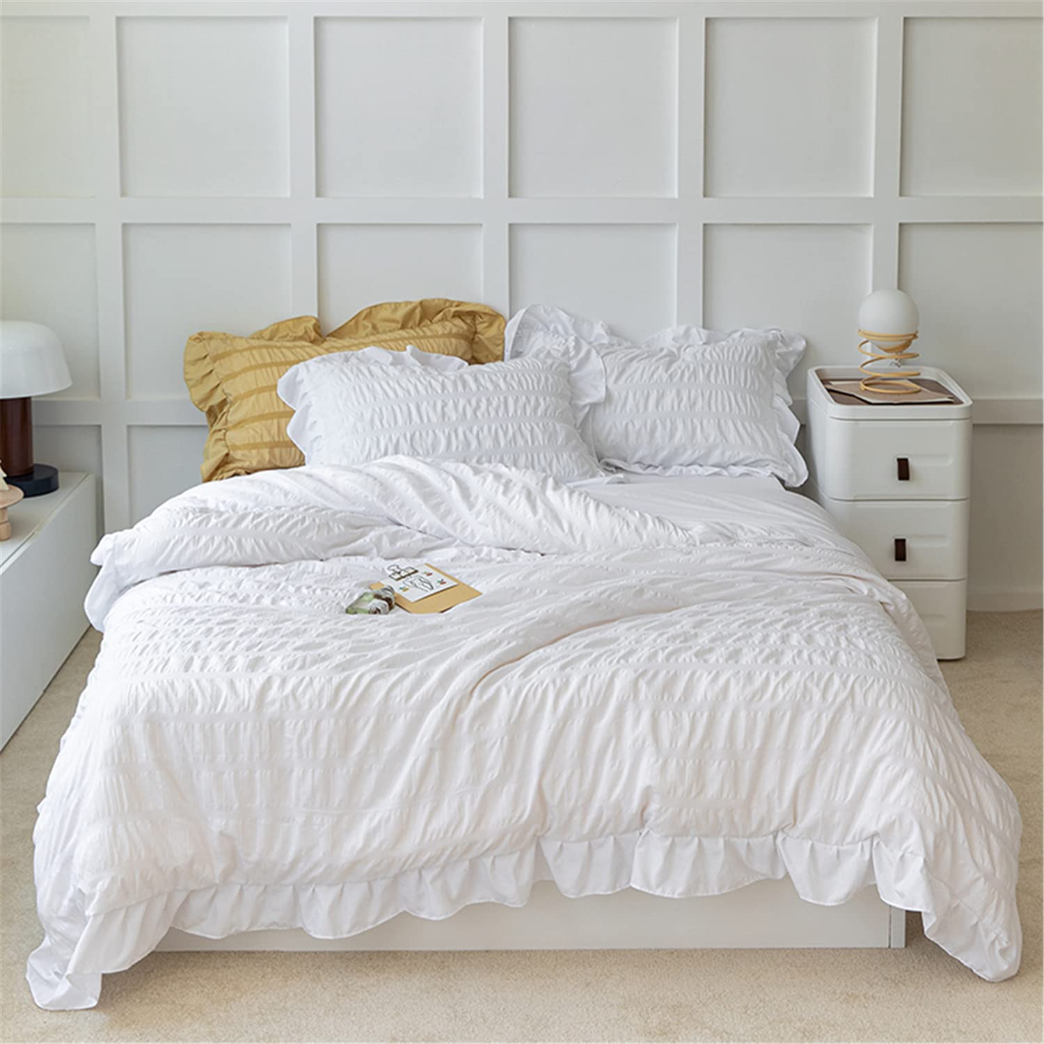 Price:$29.99  Ruffled Bedding-2 Pieces Twin Seersucker Duvet Cover Textured Stripe Style, Soft Lightweight, Washed Microfiber, Zipper Closure and Ties : Home & Kitchen