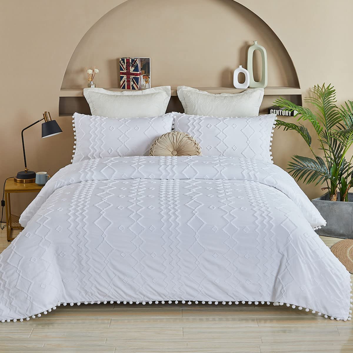 Price:$75.00  Boho Bedding Set Duvet Cover Full Size, Cotton Farmhouse Bedding, White Pom Pom Duvet Covers All Seasons, 3 Pcs Soft Reversible Zipper Tufted Shabby & Chic Home Bedding Cute - White, Full : Home & Kitchen