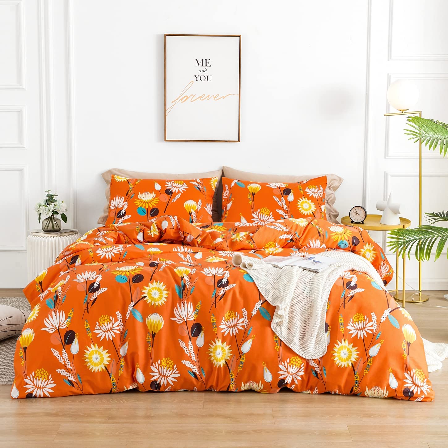 Price:$49.99  Duvet Cover Set 100% Cotton Queen Size Orange Botanical Bedding 3 Pieces Set 1 Boho Floral Leaves Print Duvet Cover with Zipper Ties 2 Pillowcases Hotel Quality Soft Breathable Durable : Home & Kitchen