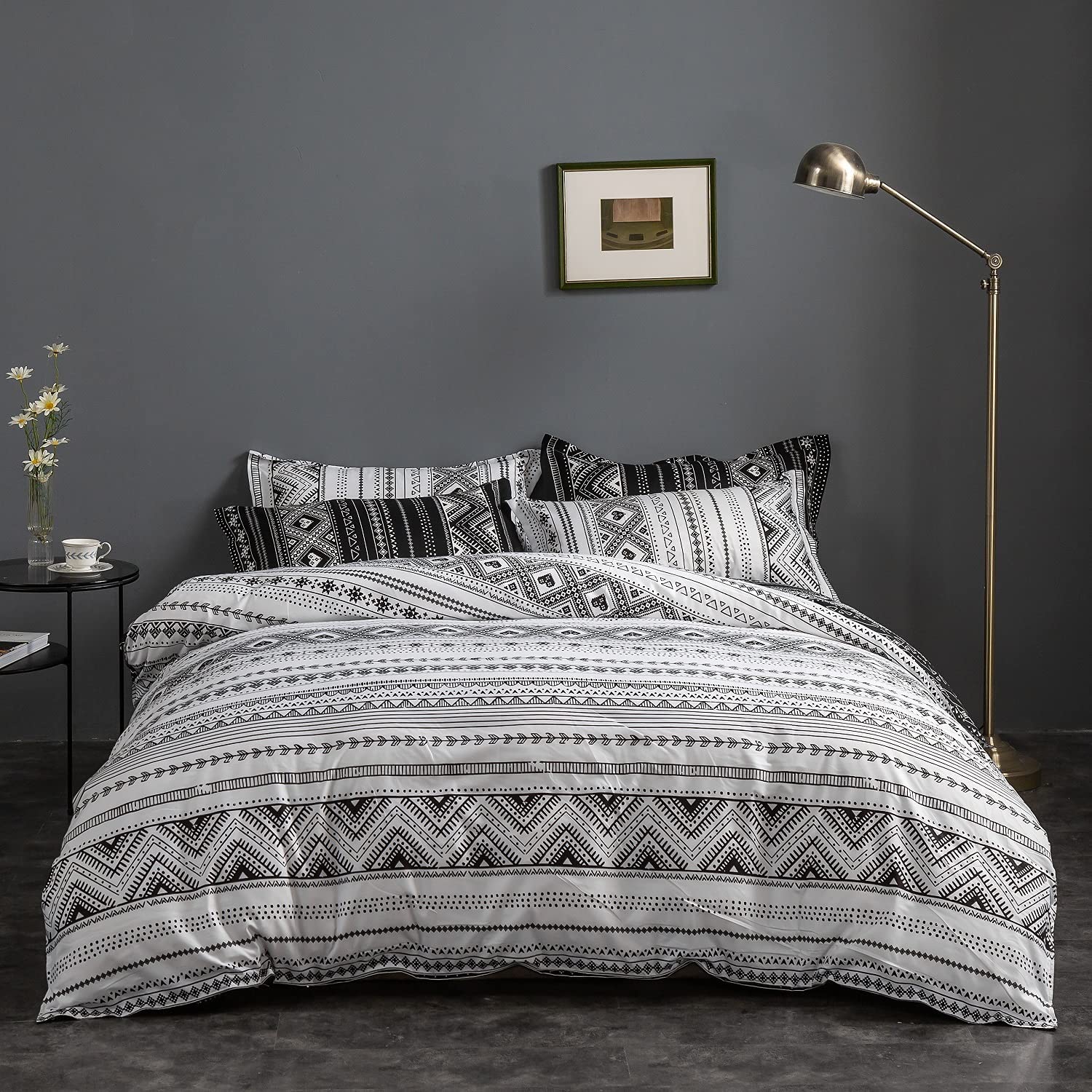 Price:$33.99  Duvet Cover Set Twin Size White and Balck Bohemian Bedding Set Geometric Striped Pattern Reversible Quilt Comforter Cover for Kids Children Girls Boys Teens : Home & Kitchen